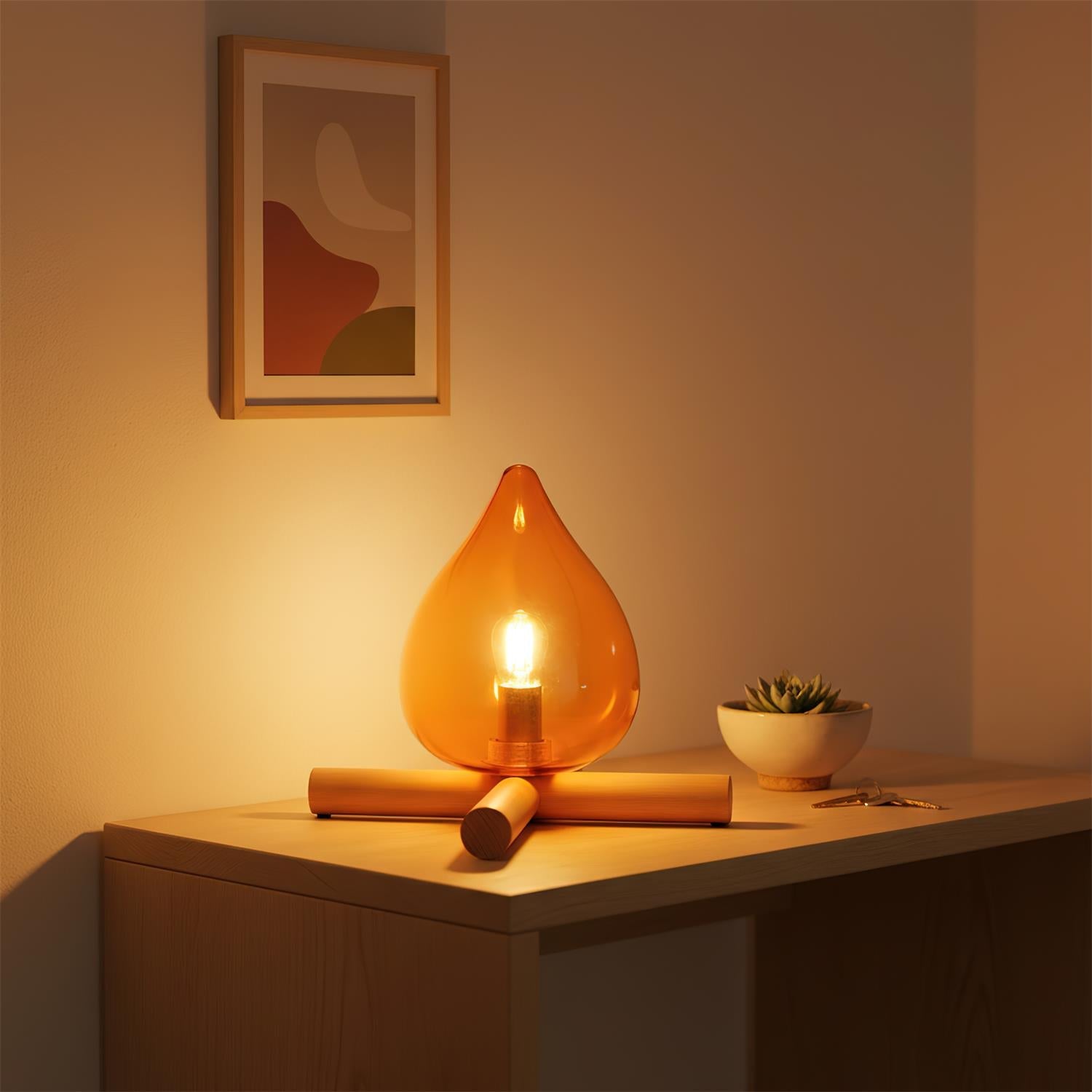 Table Lamp Wood Glass 11.8 in Orange Bedroom Desk Nightstand Ambient Lighting Three-Color Changing | Thomler