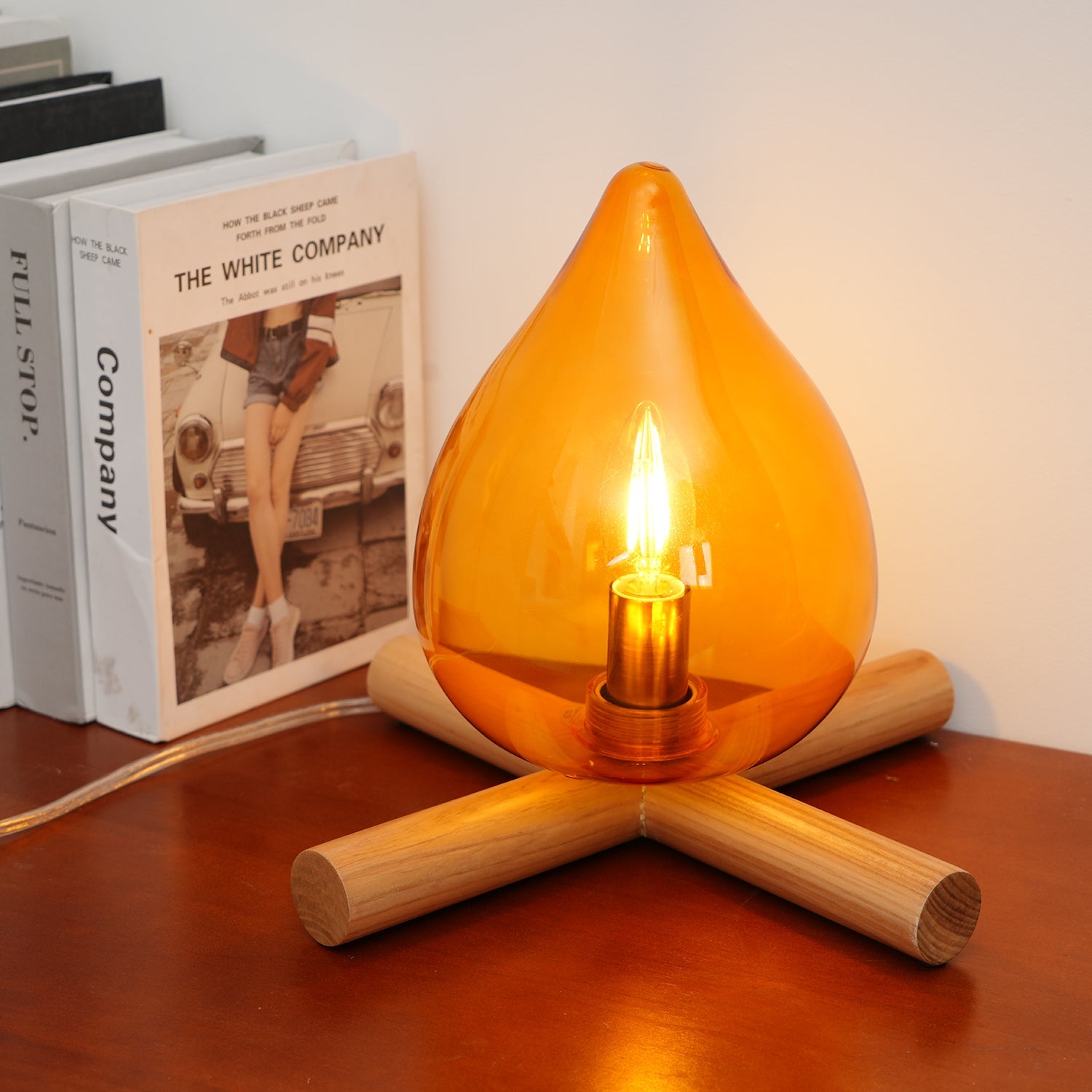 Table Lamp Wood Glass 11.8 in Orange Bedroom Desk Nightstand Ambient Lighting Three-Color Changing | Thomler