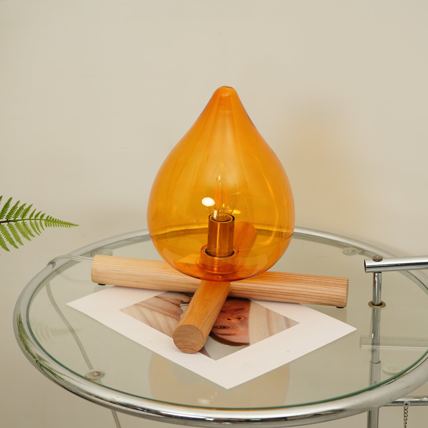 Table Lamp Wood Glass 11.8 in Orange Bedroom Desk Nightstand Ambient Lighting Three-Color Changing | Thomler