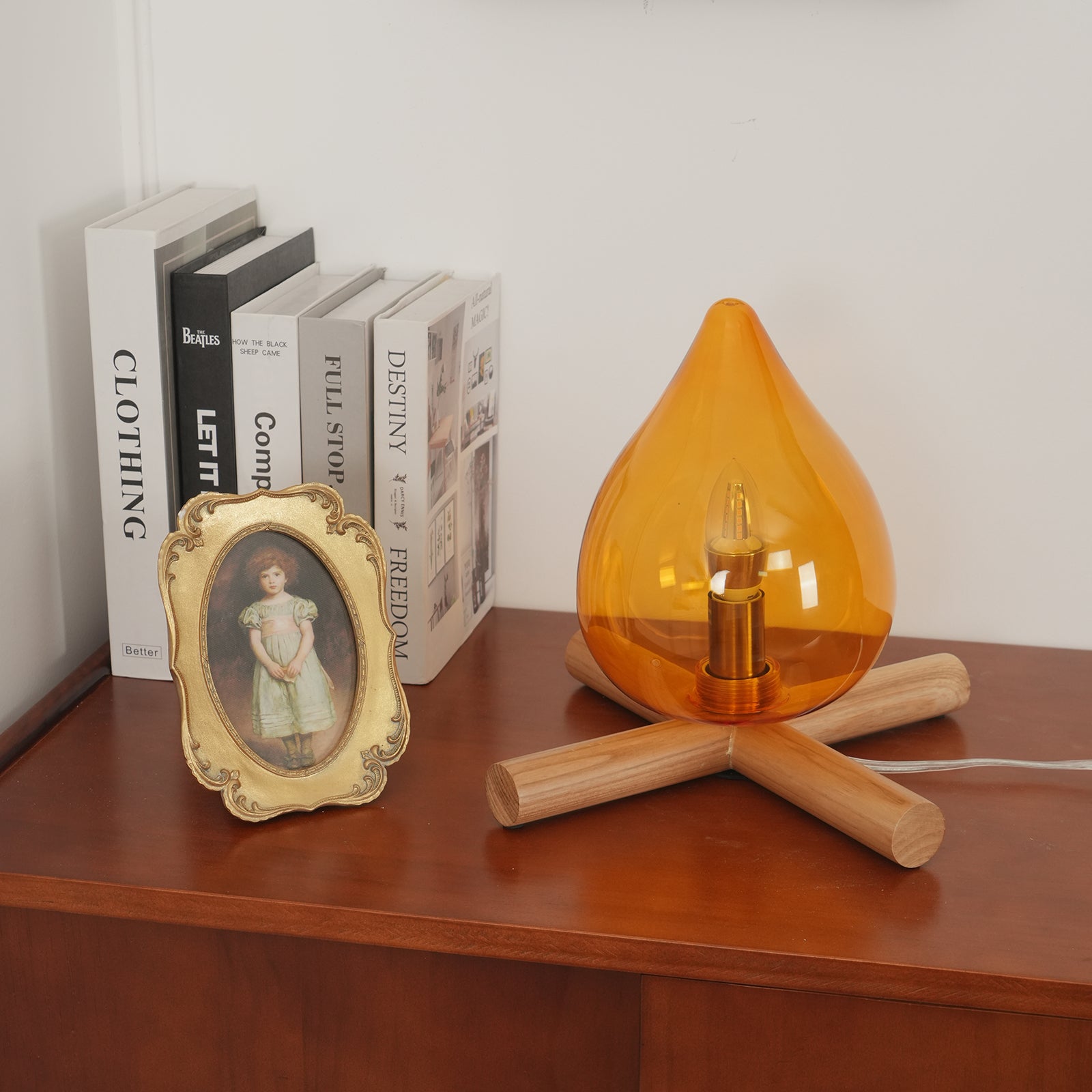 Table Lamp Wood Glass 11.8 in Orange Bedroom Desk Nightstand Ambient Lighting Three-Color Changing | Thomler