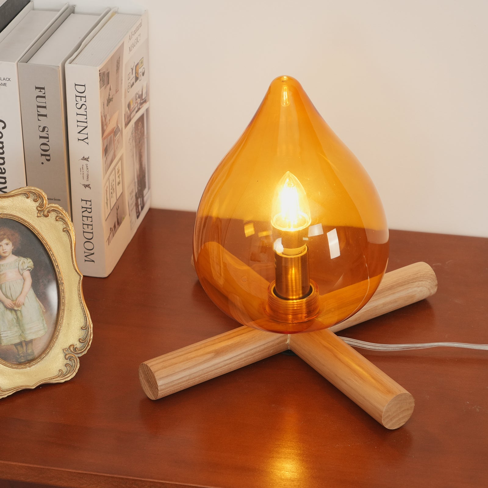 Table Lamp Wood Glass 11.8 in Orange Bedroom Desk Nightstand Ambient Lighting Three-Color Changing | Thomler