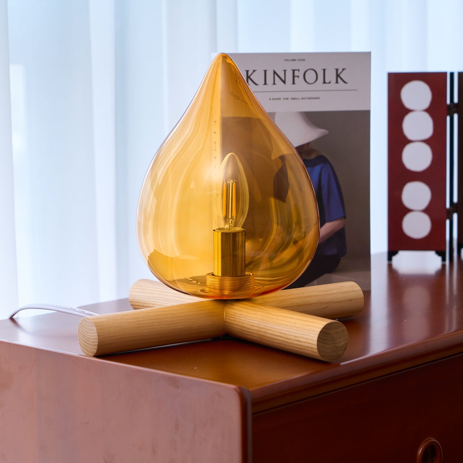 Table Lamp Wood Glass 11.8 in Orange Bedroom Desk Nightstand Ambient Lighting Three-Color Changing | Thomler