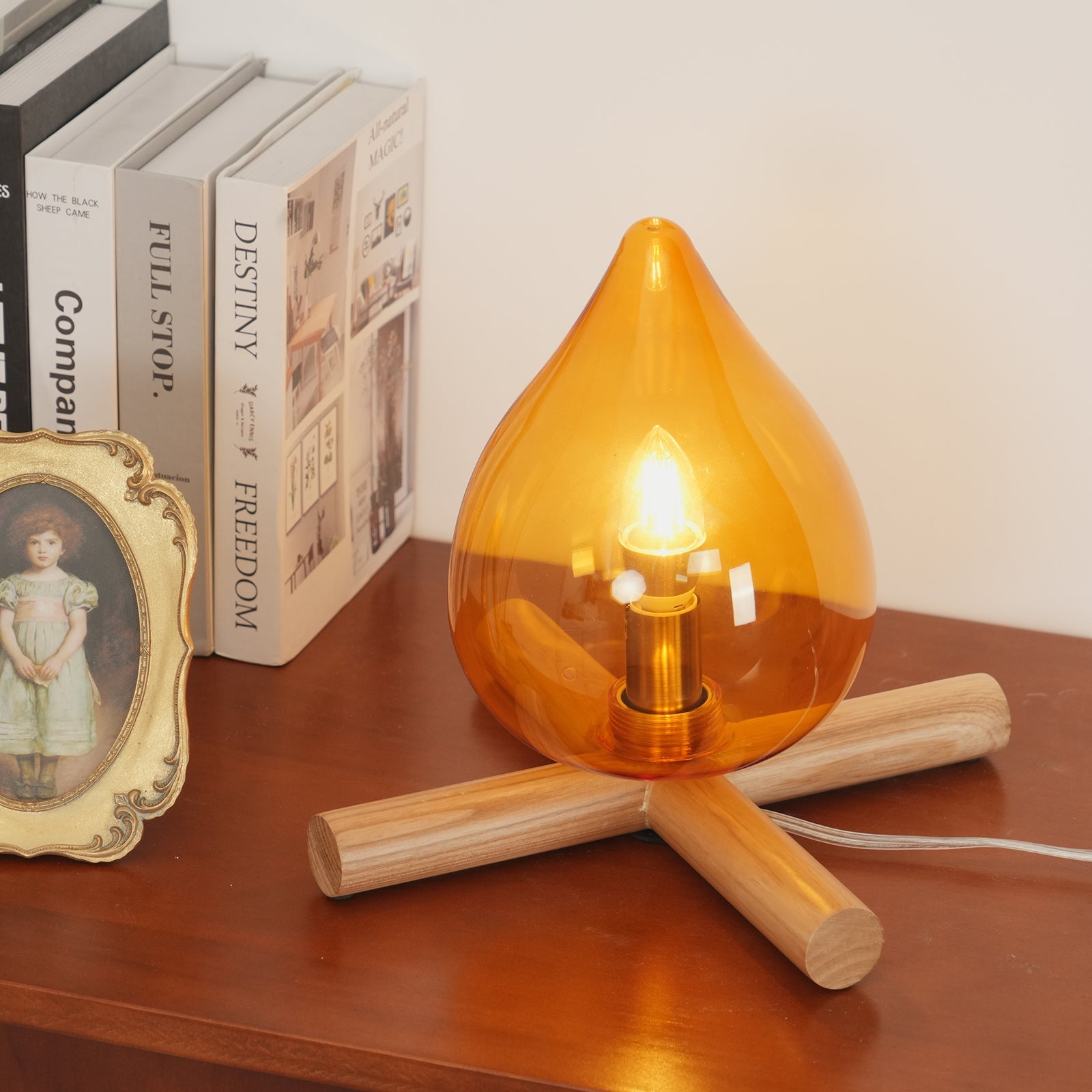 Table Lamp Wood Glass 11.8 in Orange Bedroom Desk Nightstand Ambient Lighting Three-Color Changing | Thomler