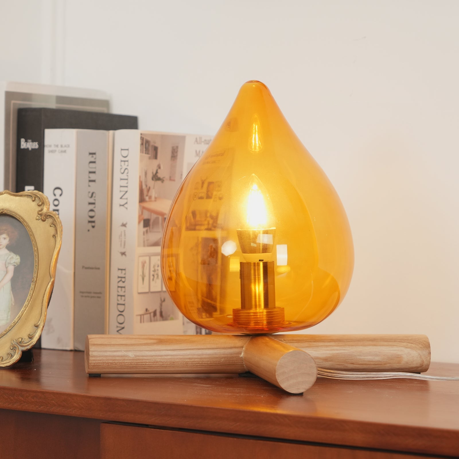 Table Lamp Wood Glass 11.8 in Orange Bedroom Desk Nightstand Ambient Lighting Three-Color Changing | Thomler