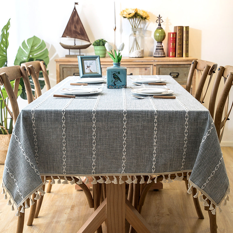 Striped Table Cover with Tassel Trim – Dust-Resistant Dining Cloth for Daily Use | Thomler