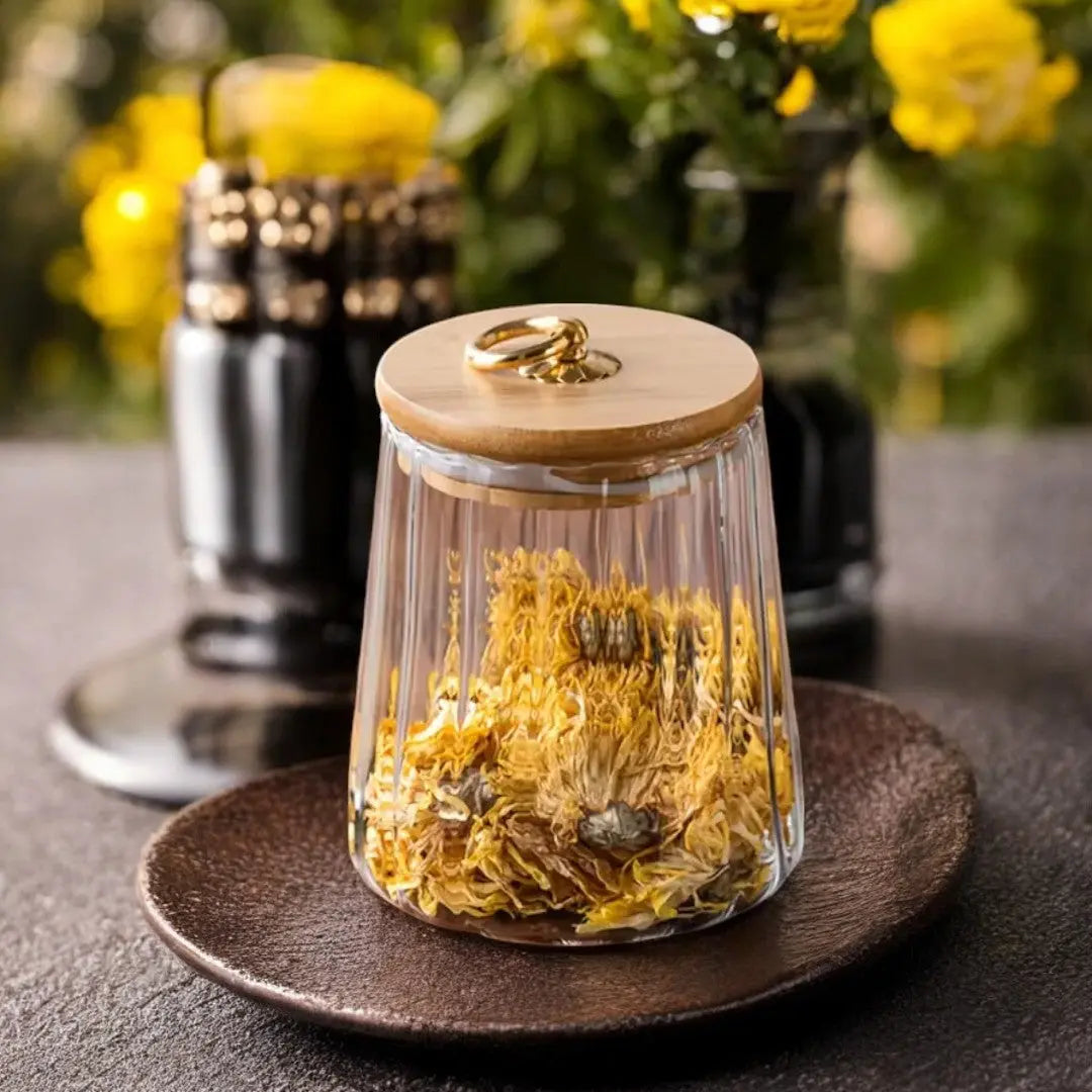 Storage Jar Borosilicate Glass Wooden Lid Tea Herb Kitchen Organiser Airtight Food Storage Container Scandinavian Countertop Display | Thomler