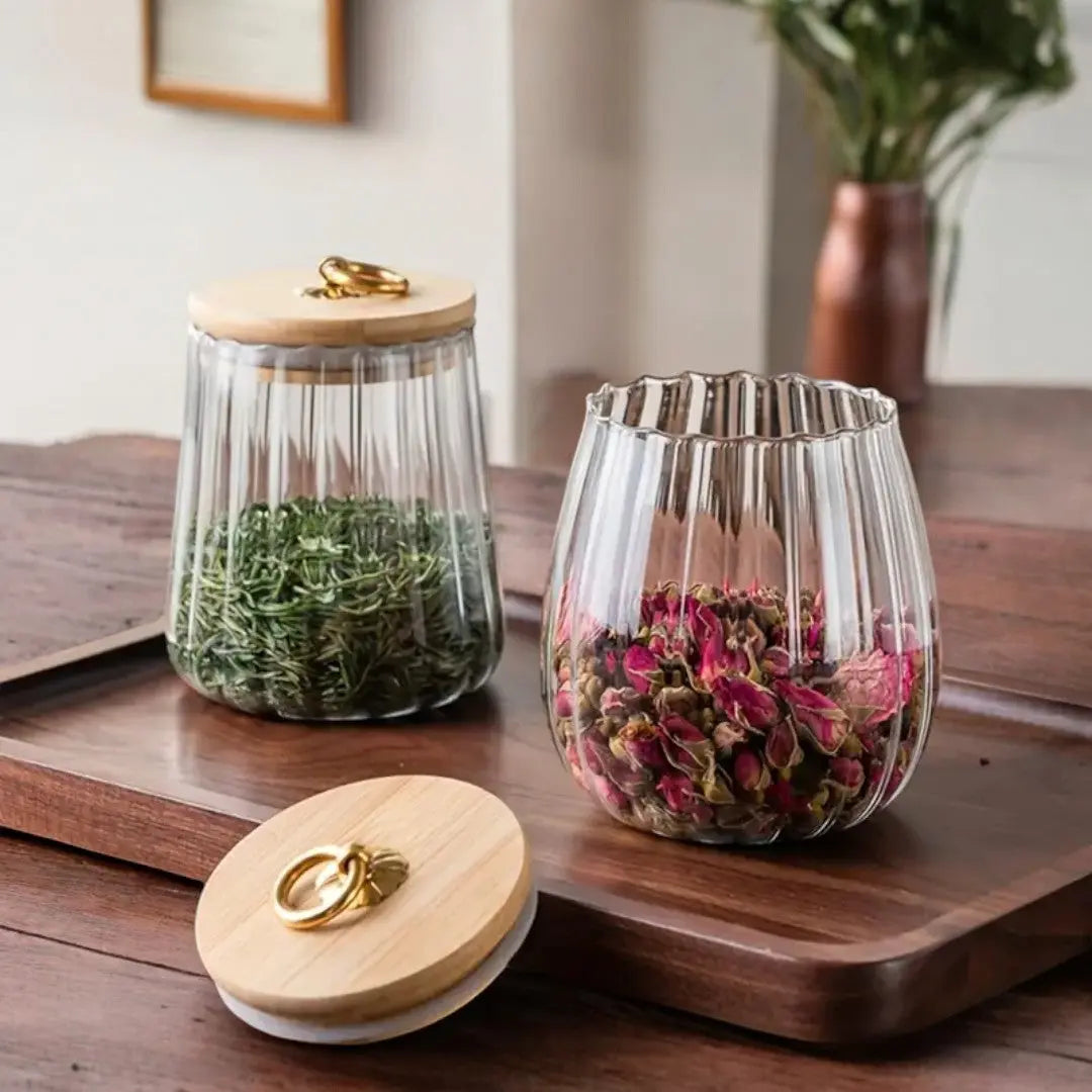 Storage Jar Borosilicate Glass Wooden Lid Tea Herb Kitchen Organiser Airtight Food Storage Container Scandinavian Countertop Display | Thomler