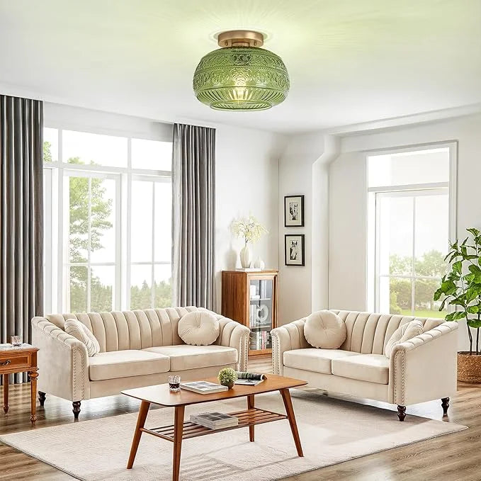 Ceiling Light Glass 9 in Semi Flush Mount Amber Clear Green Living Room Bedroom Hallway Lighting Fixture | Thomler