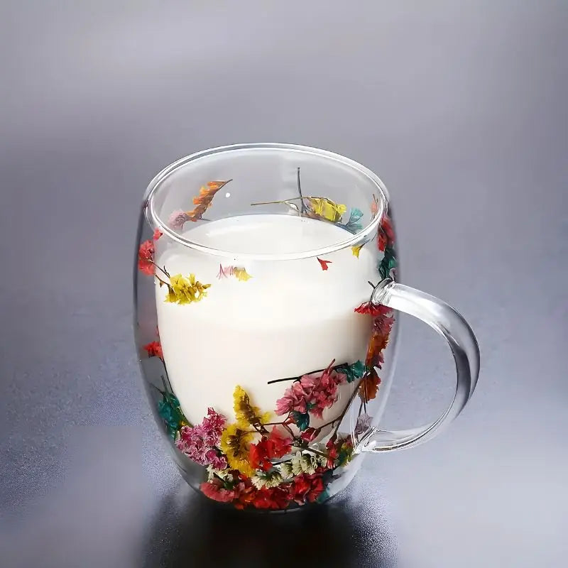 Glass Mug Double Walled 350 ml 12.3 fl oz Floral Coffee Tea Transparent Insulated Drinkware Gift Cup | Thomler