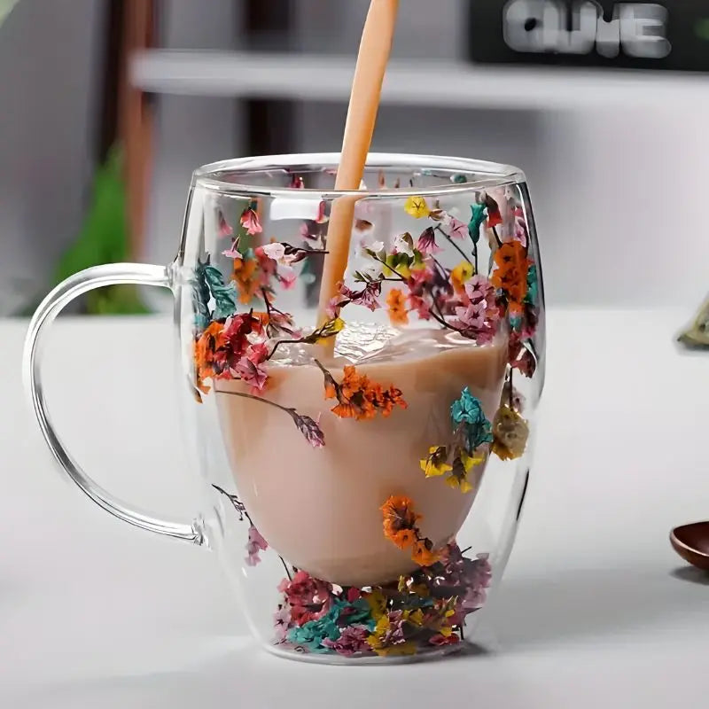 Glass Mug Double Walled 350 ml 12.3 fl oz Floral Coffee Tea Transparent Insulated Drinkware Gift Cup | Thomler