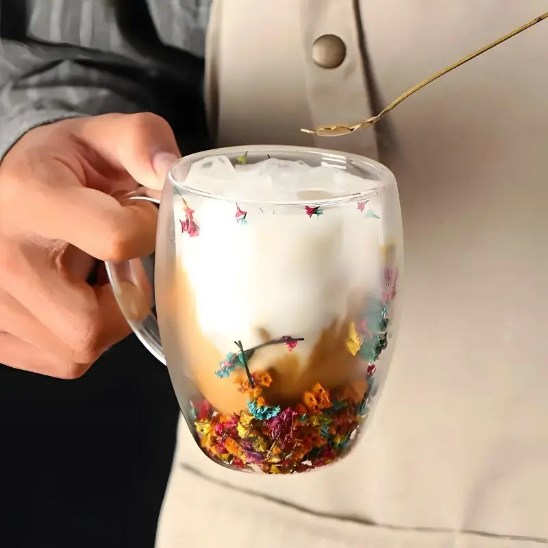 Glass Mug Double Walled 350 ml 12.3 fl oz Floral Coffee Tea Transparent Insulated Drinkware Gift Cup | Thomler