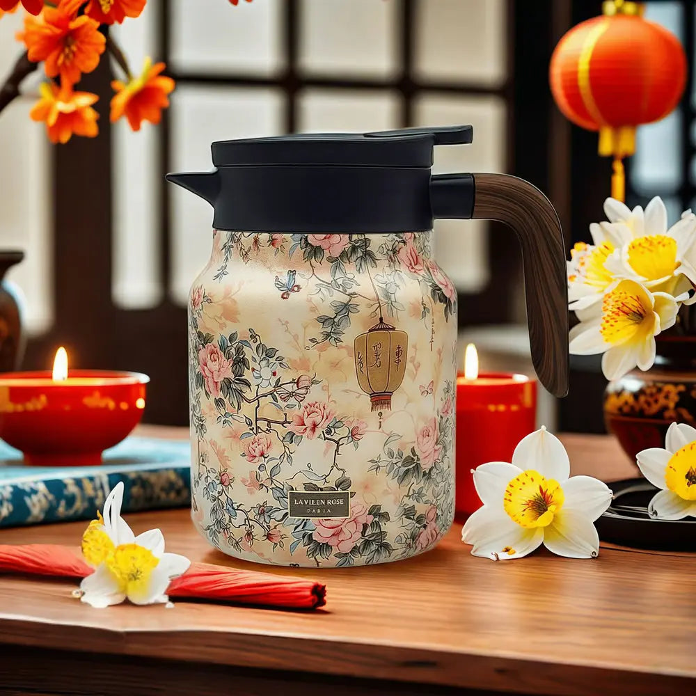 Teapot Stainless Steel Insulated Infuser Floral Pattern Daily Tea Serving Kitchen Carafe Drip Free Pouring | Thomler