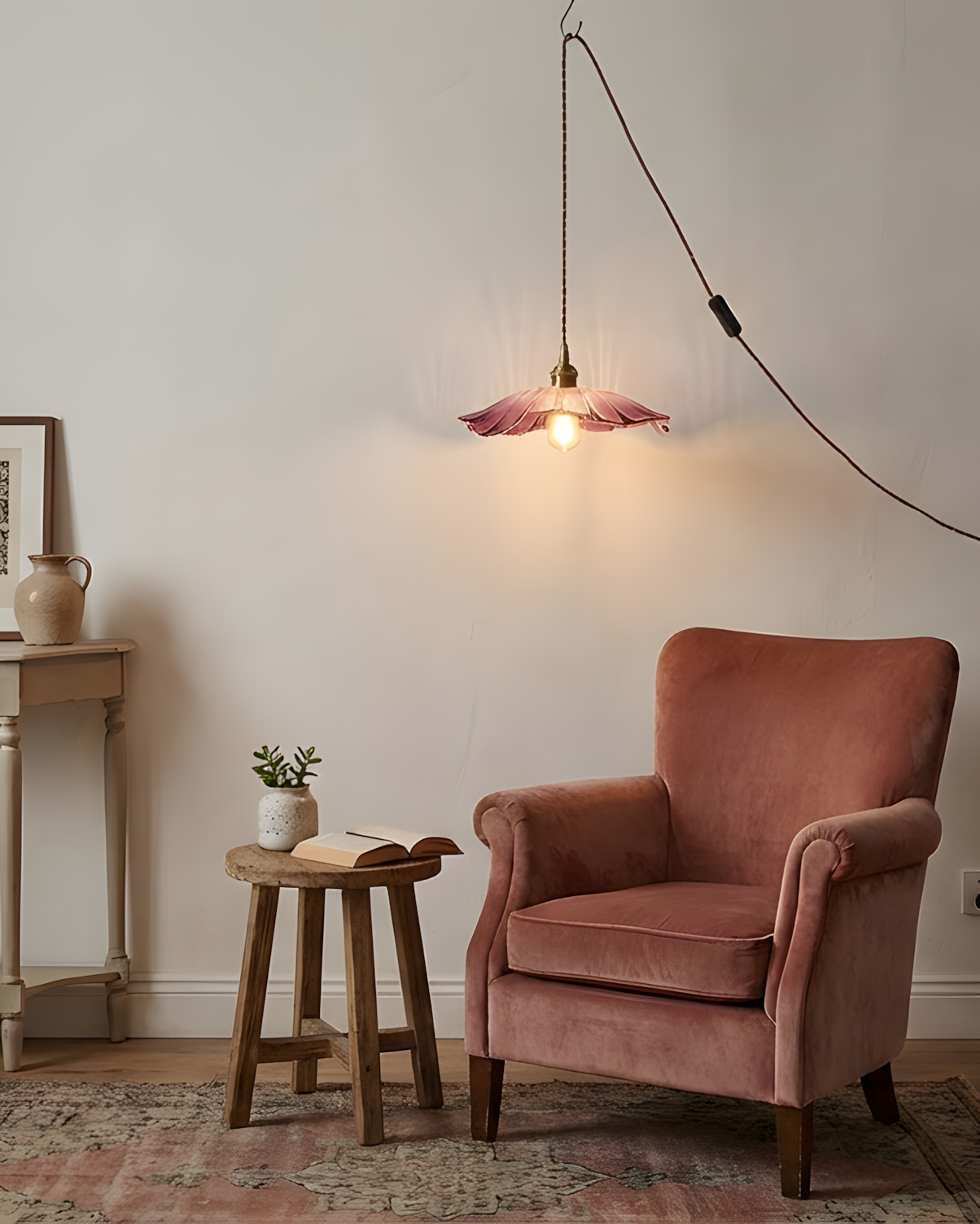 Pendant Light Glass Flower Shade 11 in x 5.1 in Pink Clear Green Dining Room Kitchen Island Hanging Ceiling Lamp | Thomler