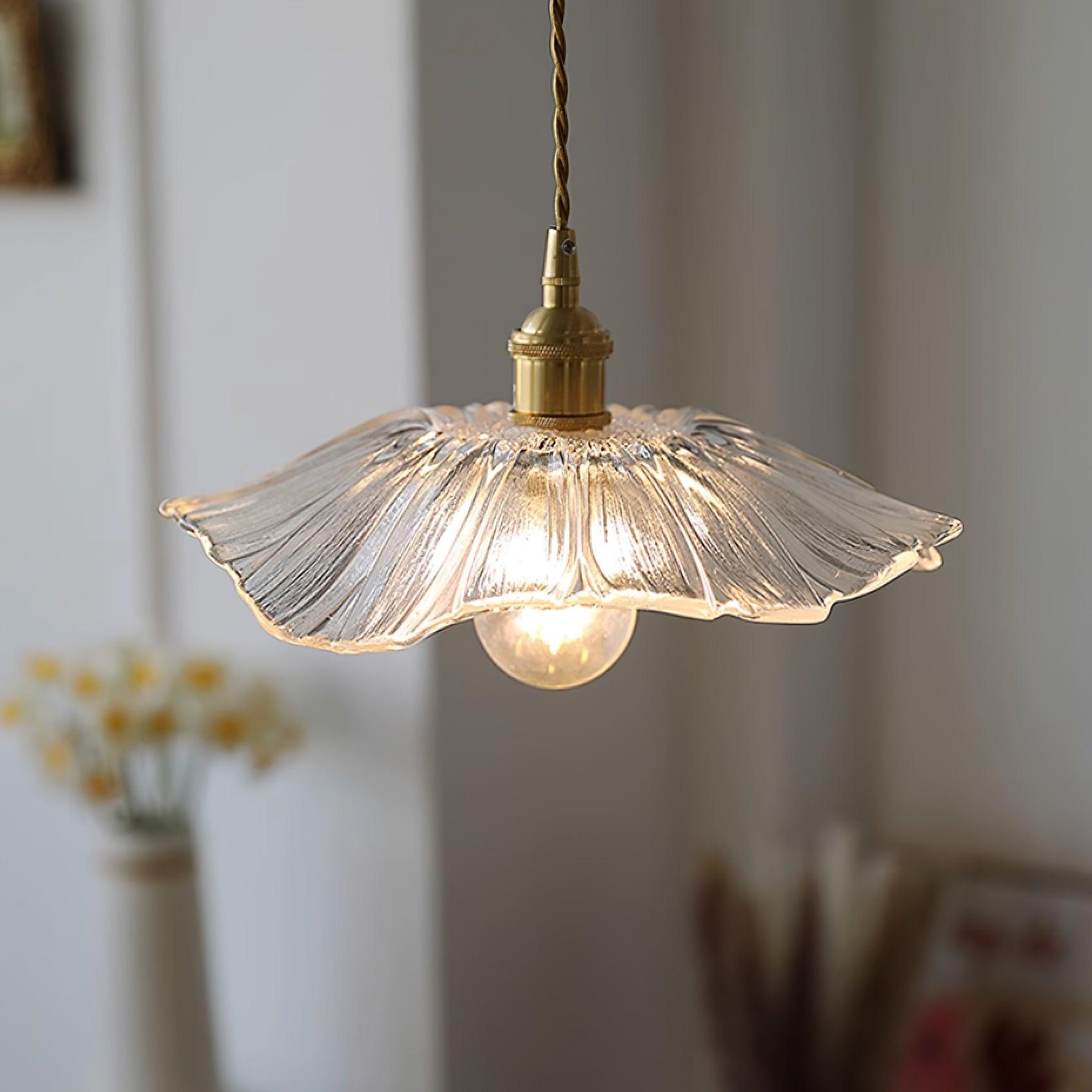 Pendant Light Glass Flower Shade 28.0 cm Clear Dining Room Kitchen Vintage Hanging Ceiling Lamp E27 Copper Finish | Thomler