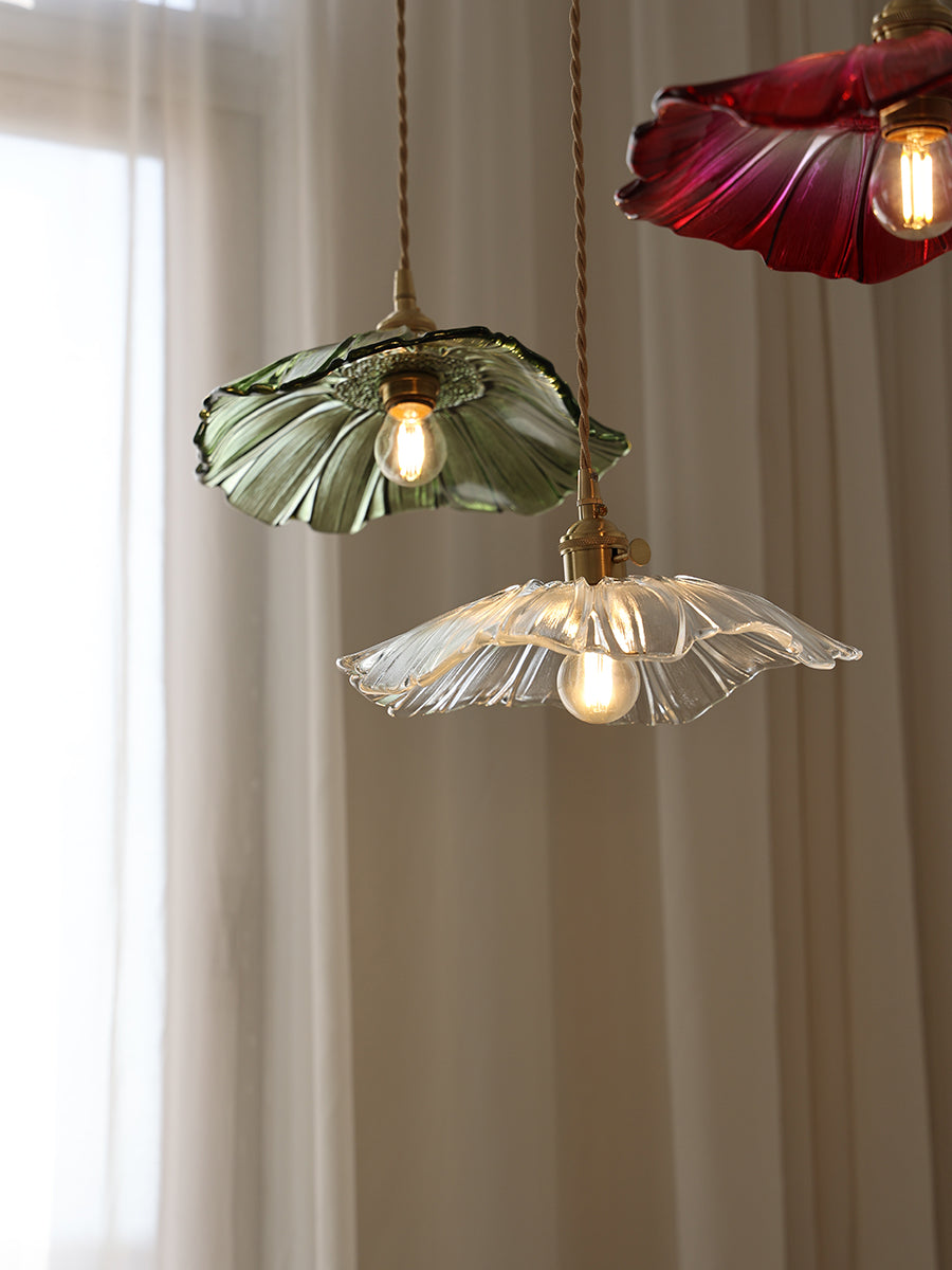 Pendant Light Glass Flower Shade 11 in x 5.1 in Pink Clear Green Dining Room Kitchen Island Hanging Ceiling Lamp | Thomler
