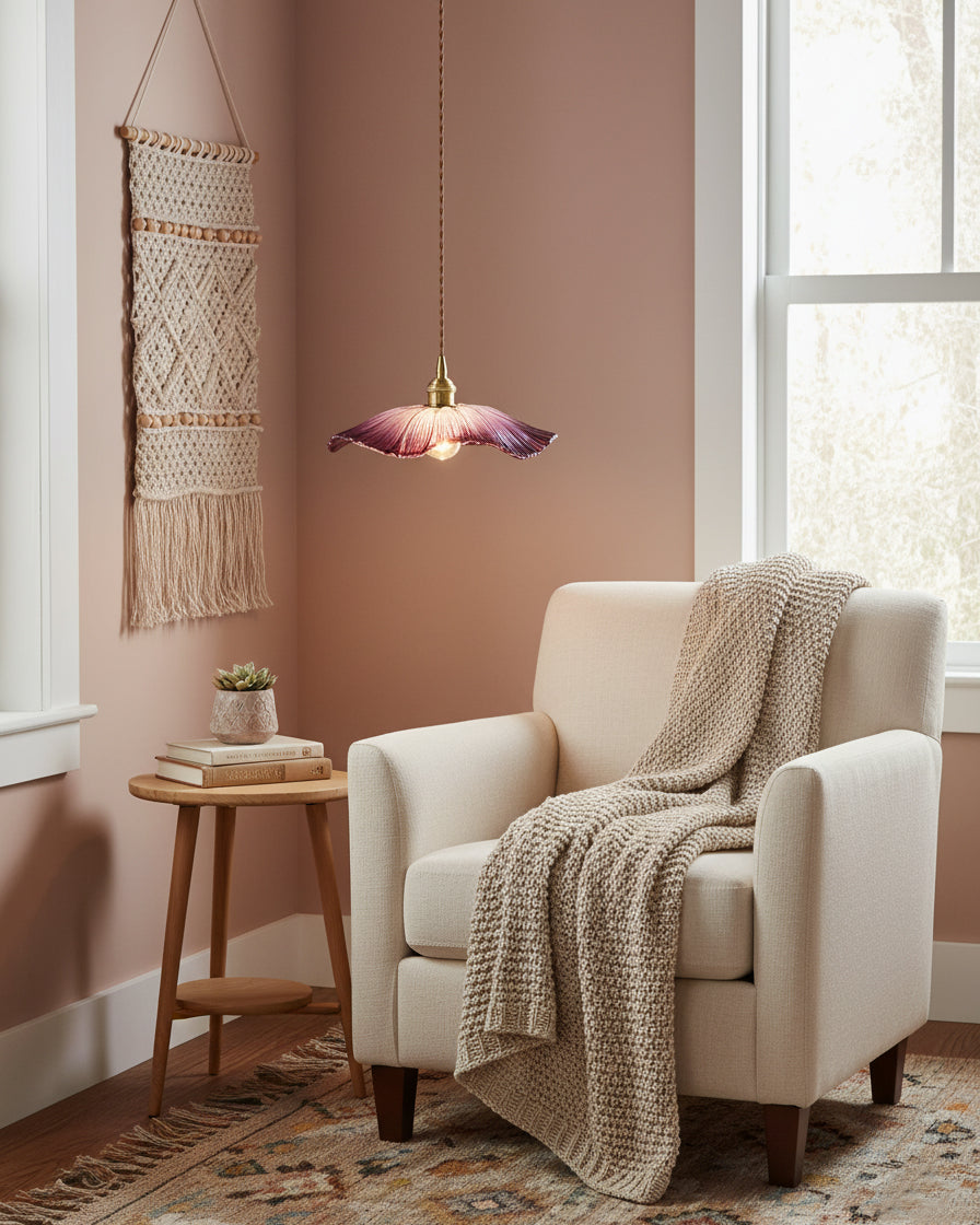 Pendant Light Glass Flower Shade 11 in x 5.1 in Pink Clear Green Dining Room Kitchen Island Hanging Ceiling Lamp | Thomler