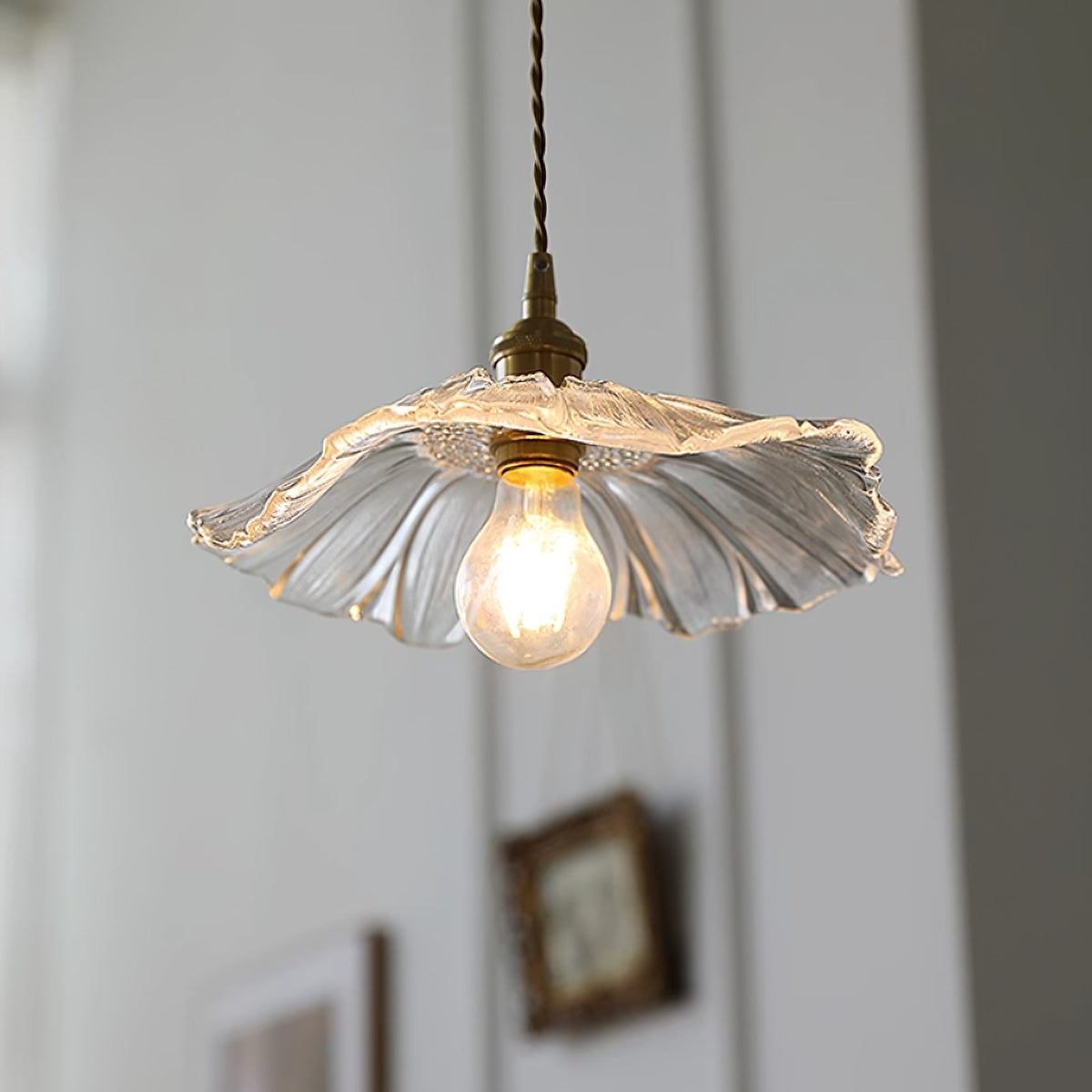 Floral Glass Pendant or Flush Mount Light – Vintage Brass Accent Fixture for Dining Room, Bedroom | Thomler