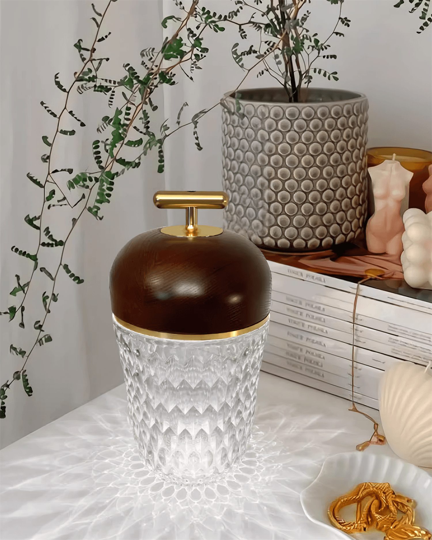 Table Lamp Wood Crystal 11.4 in Portable Walnut Desk Nightstand Lighting USB Warm White | Thomler