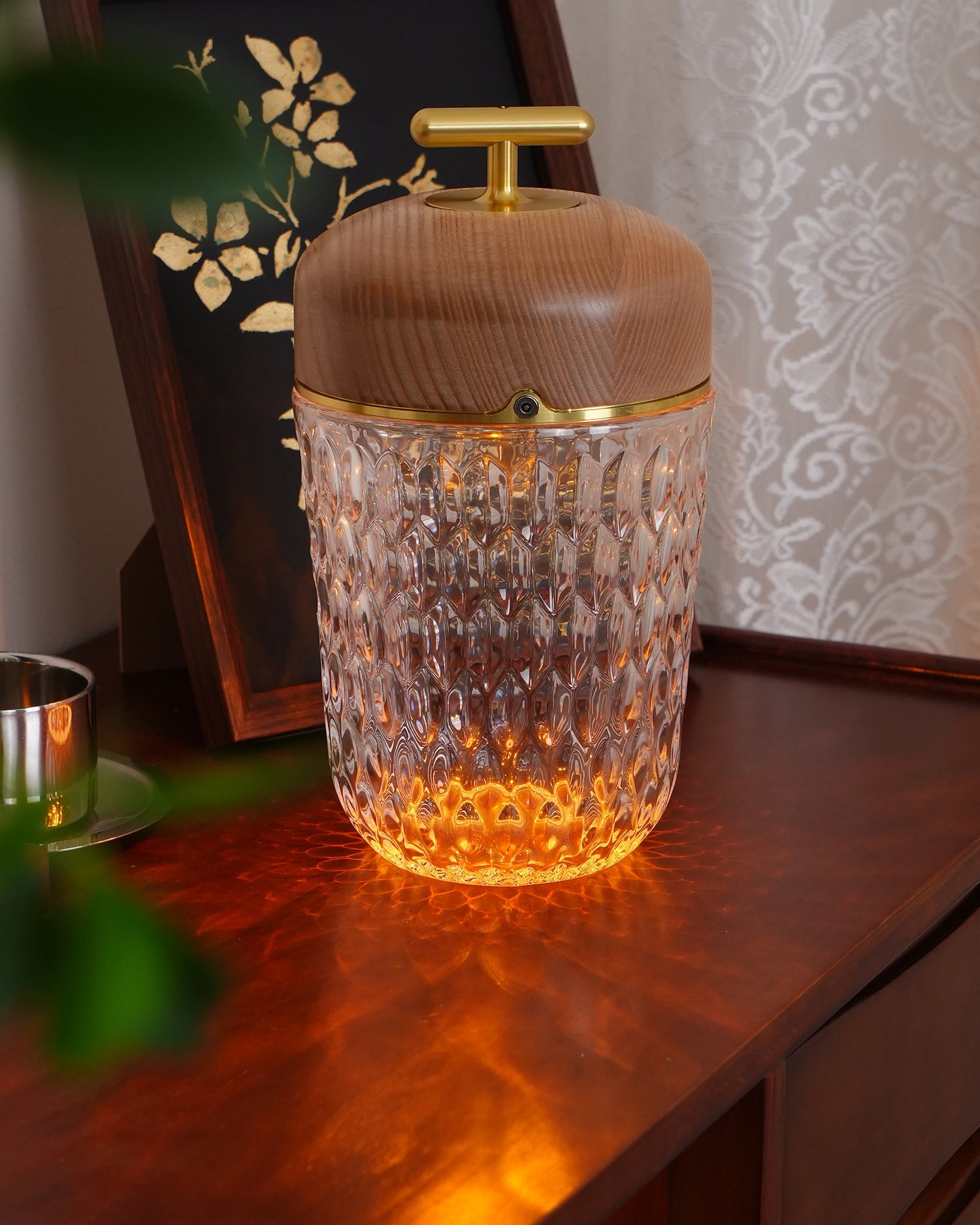 Table Lamp Wood Crystal 11.4 in Portable Walnut Desk Nightstand Lighting USB Warm White | Thomler