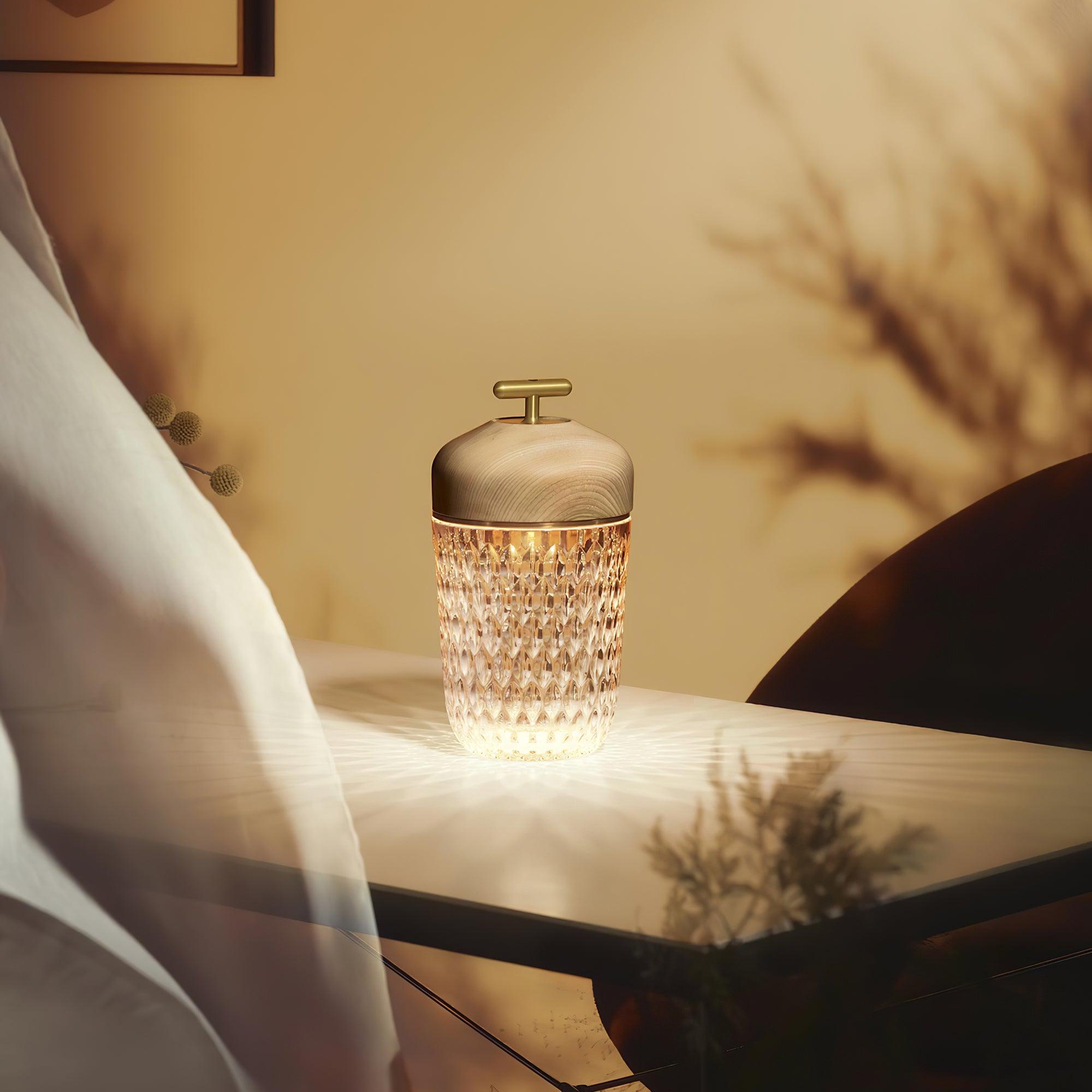 Table Lamp Wood Crystal 11.4 in Portable Walnut Desk Nightstand Lighting USB Warm White | Thomler