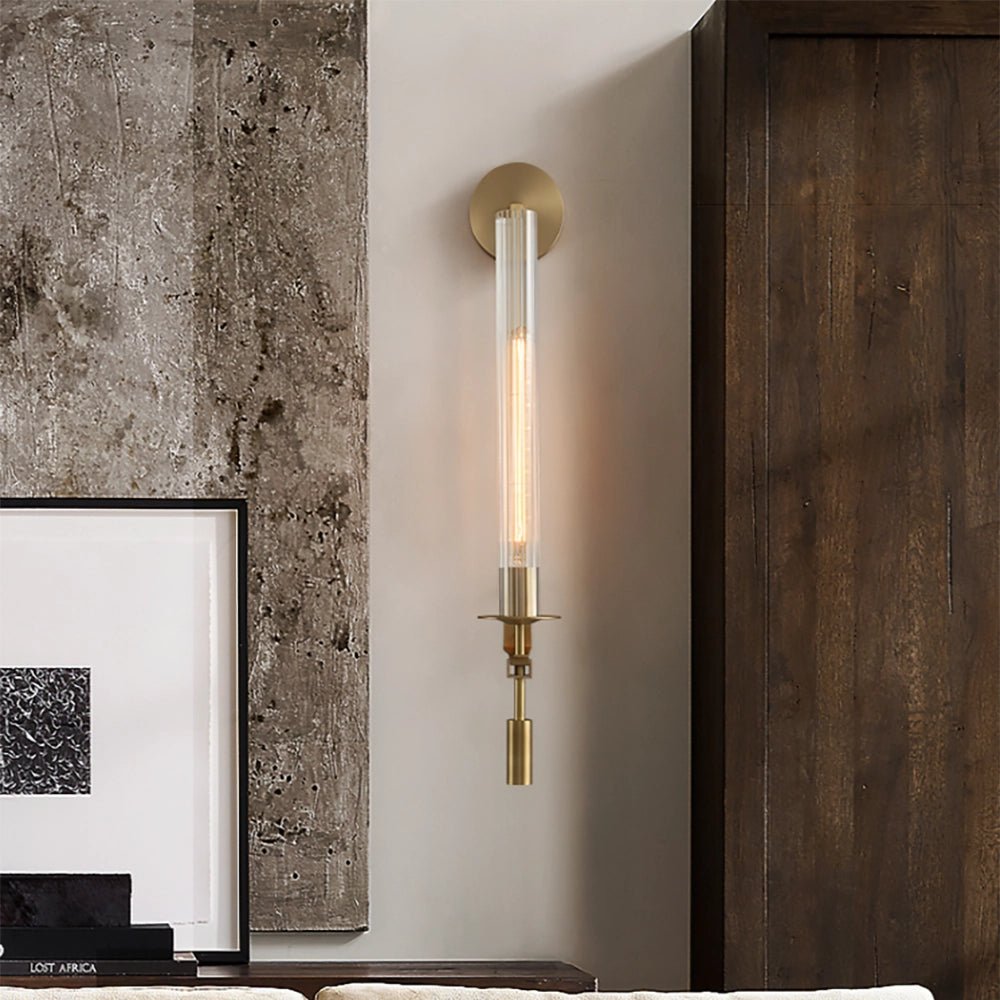 Brass Wall Sconce 28 in (71.0 cm) Clear Glass Indoor Lighting Minimalist Edison Bulb Fixture | Thomler