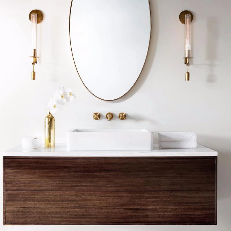 Brass Wall Sconce 28 in (71.0 cm) Clear Glass Indoor Lighting Minimalist Edison Bulb Fixture | Thomler