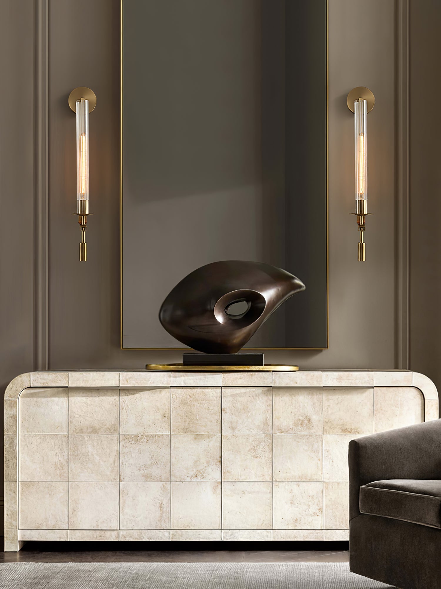 Brass Wall Sconce 28 in (71.0 cm) Clear Glass Indoor Lighting Minimalist Edison Bulb Fixture | Thomler