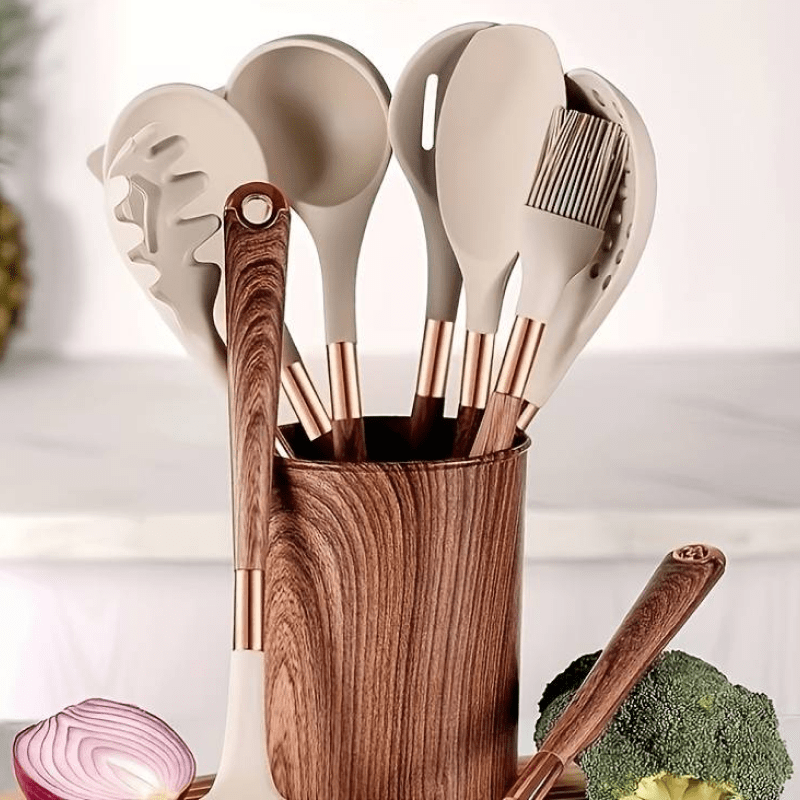 Kitchen Utensil Set Silicone 10 Piece Non Stick Cooking Baking Serving Tools Wood Look Handles | Thomler