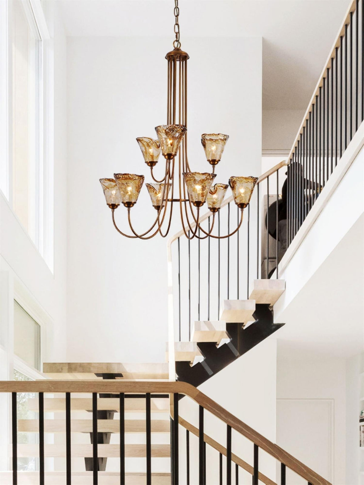 Amber Glass Globe Chandelier with Dark Brass Accents – Multi-Arm Ceiling Light for Dining Room, Living Room & Entryway | Thomler