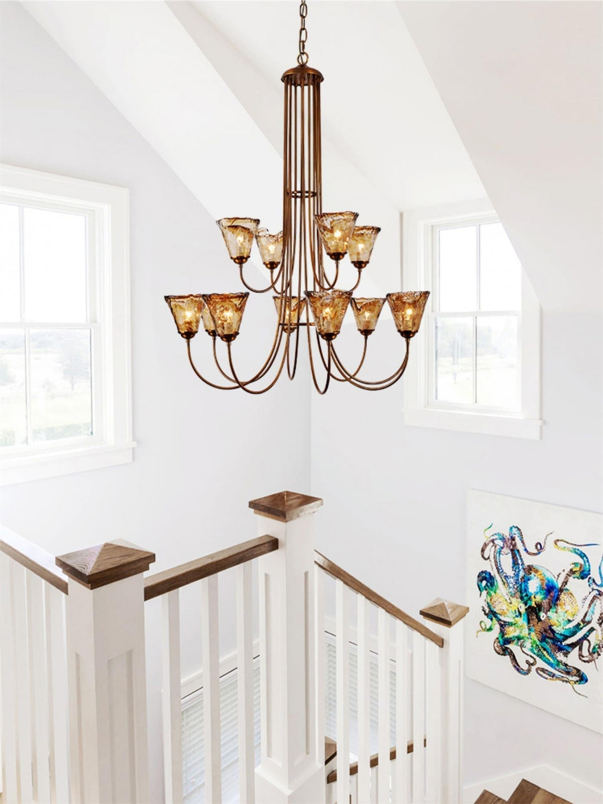 Amber Glass Globe Chandelier with Dark Brass Accents – Multi-Arm Ceiling Light for Dining Room, Living Room & Entryway | Thomler
