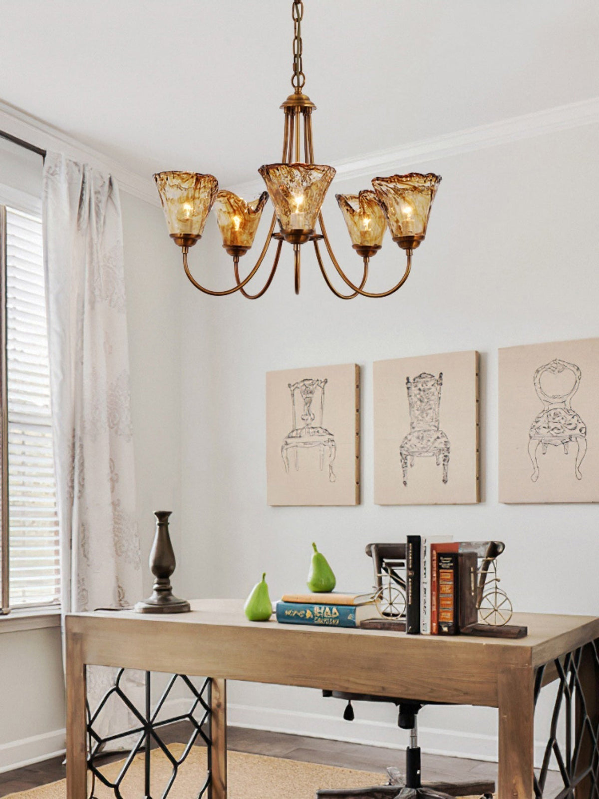Amber Glass Globe Chandelier with Dark Brass Accents – Multi-Arm Ceiling Light for Dining Room, Living Room & Entryway | Thomler