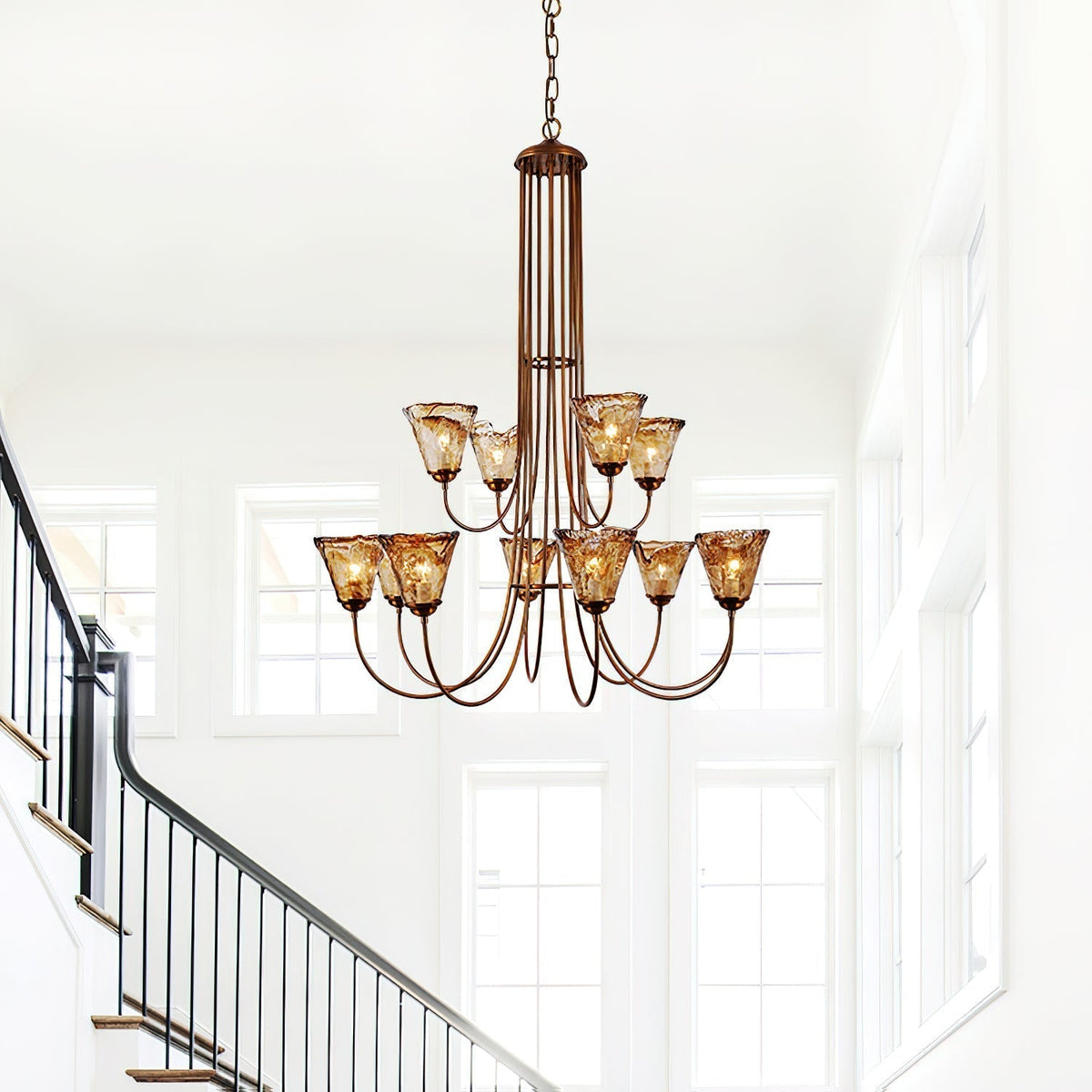 Amber Glass Globe Chandelier with Dark Brass Accents – Multi-Arm Ceiling Light for Dining Room, Living Room & Entryway | Thomler