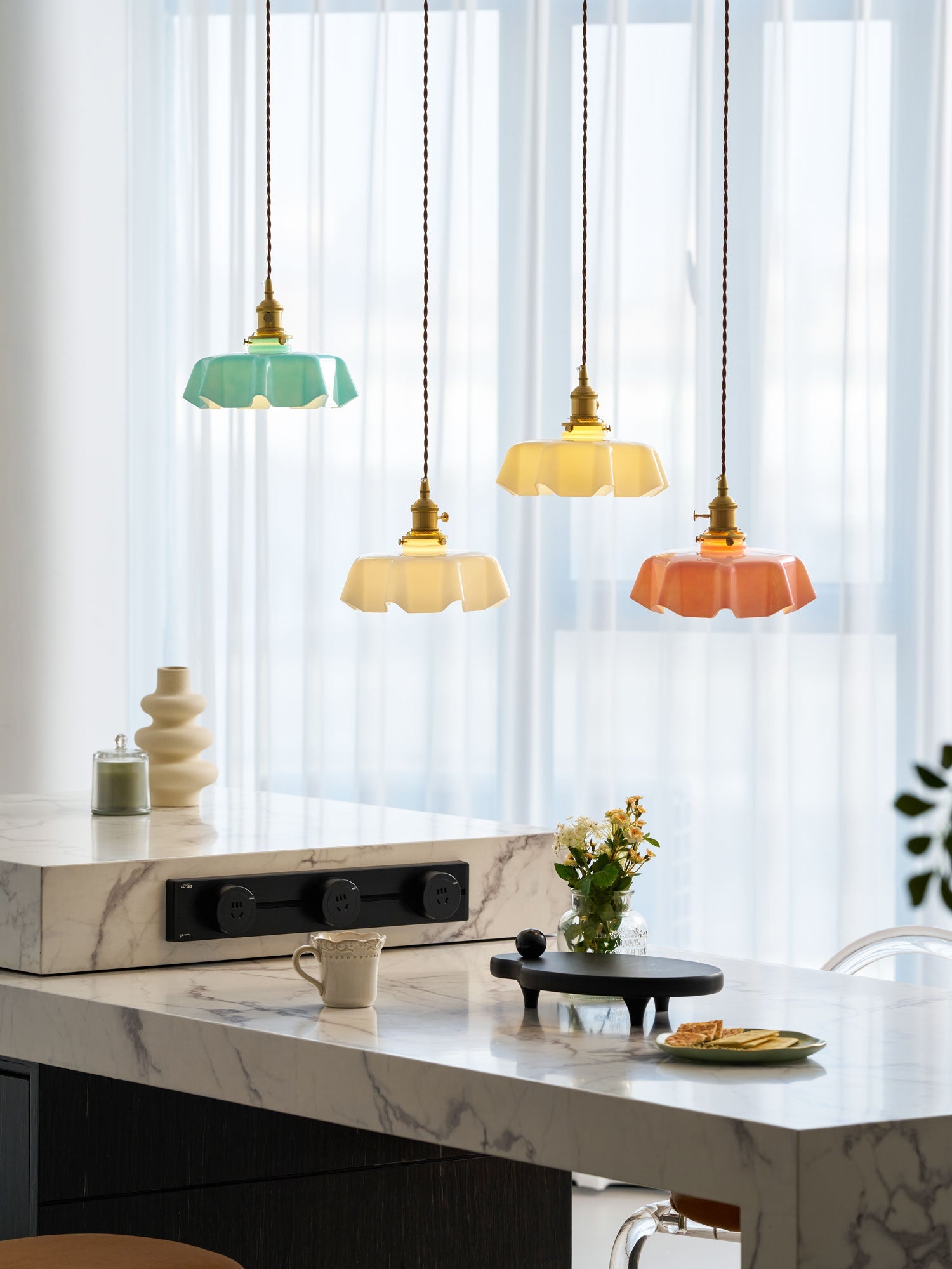 Ceramic Pendant Light 9.8 in x 5.1 in Adjustable Ceiling Indoor White Beige Pink Blue Vintage Lampshade | Thomler
