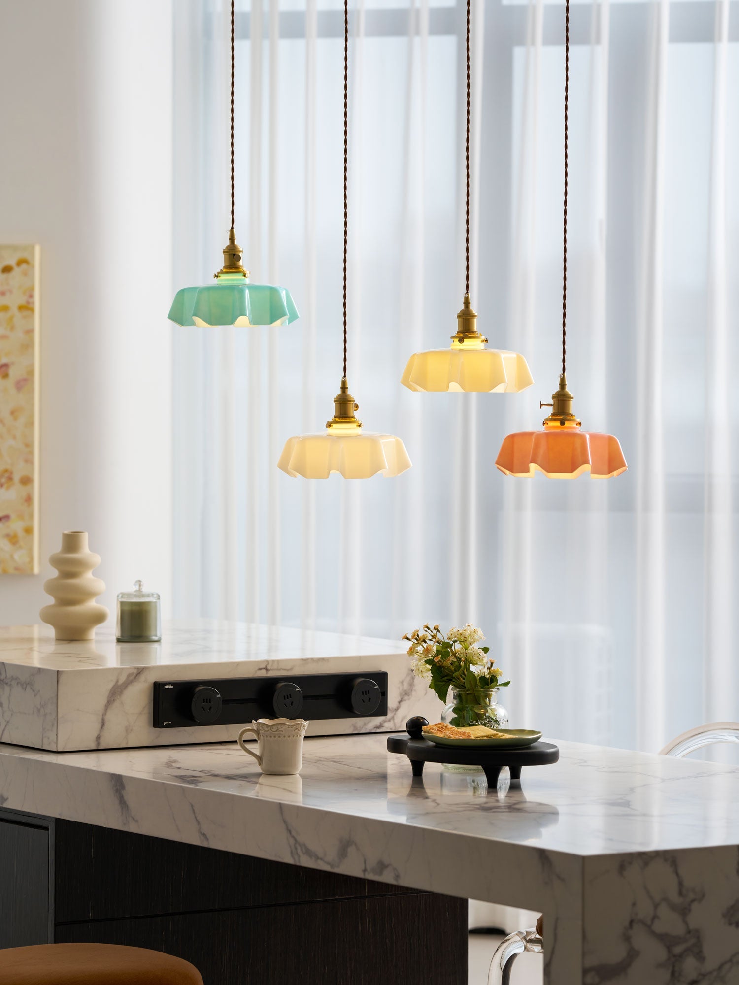 Ceramic Pendant Light 9.8 in x 5.1 in Adjustable Ceiling Indoor White Beige Pink Blue Vintage Lampshade | Thomler