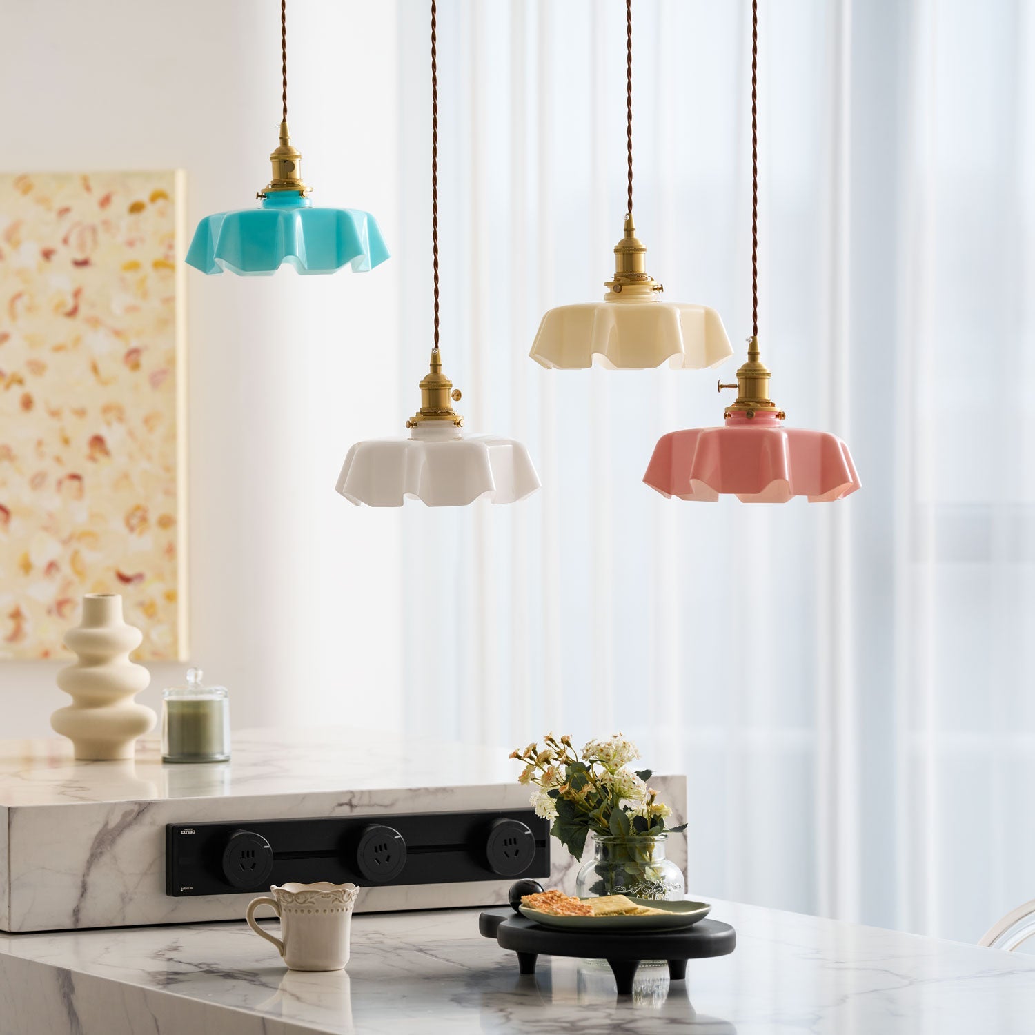 Ceramic Pendant Light 9.8 in x 5.1 in Adjustable Ceiling Indoor White Beige Pink Blue Vintage Lampshade | Thomler