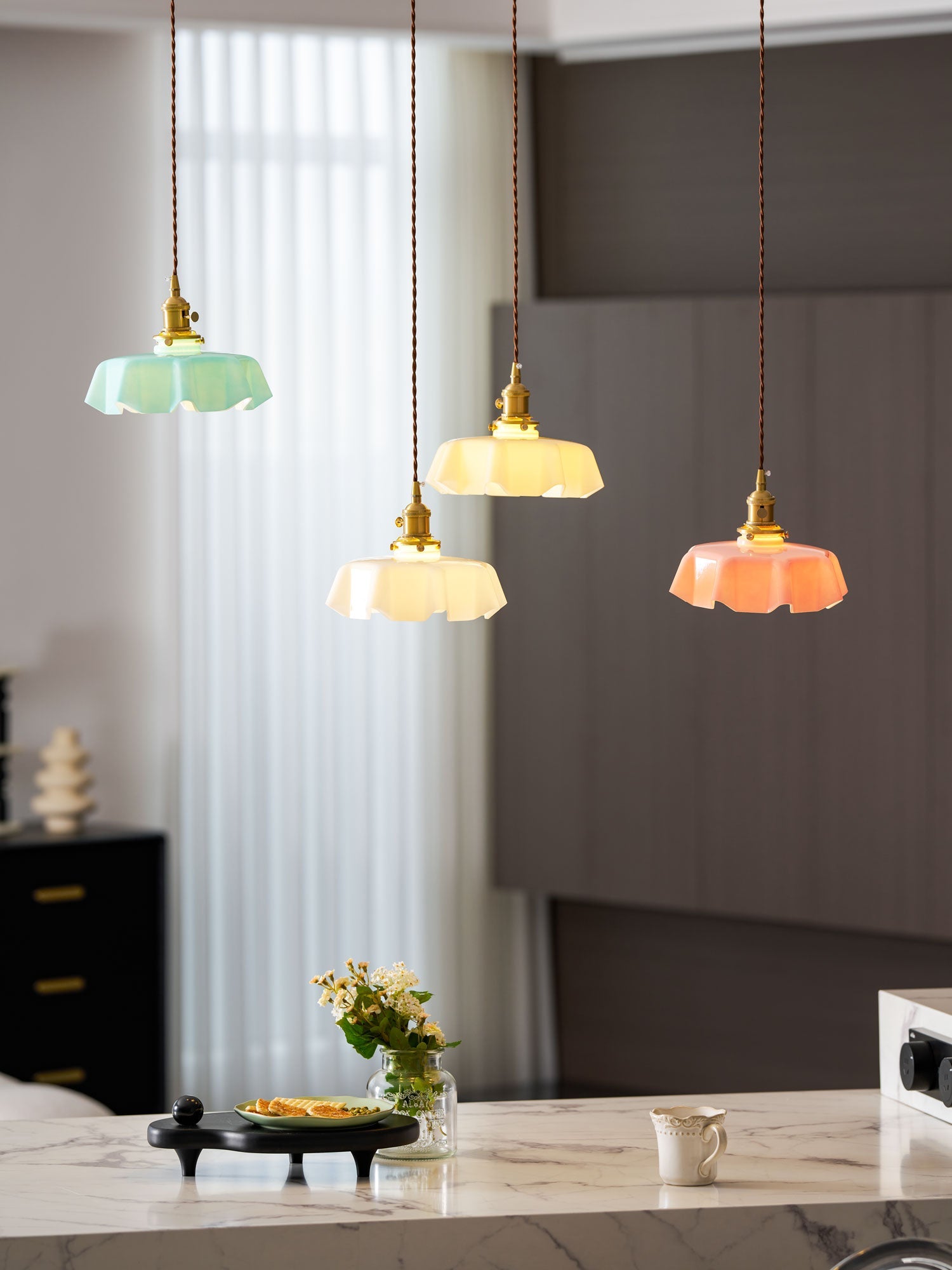 Ceramic Pendant Light 9.8 in x 5.1 in Adjustable Ceiling Indoor White Beige Pink Blue Vintage Lampshade | Thomler