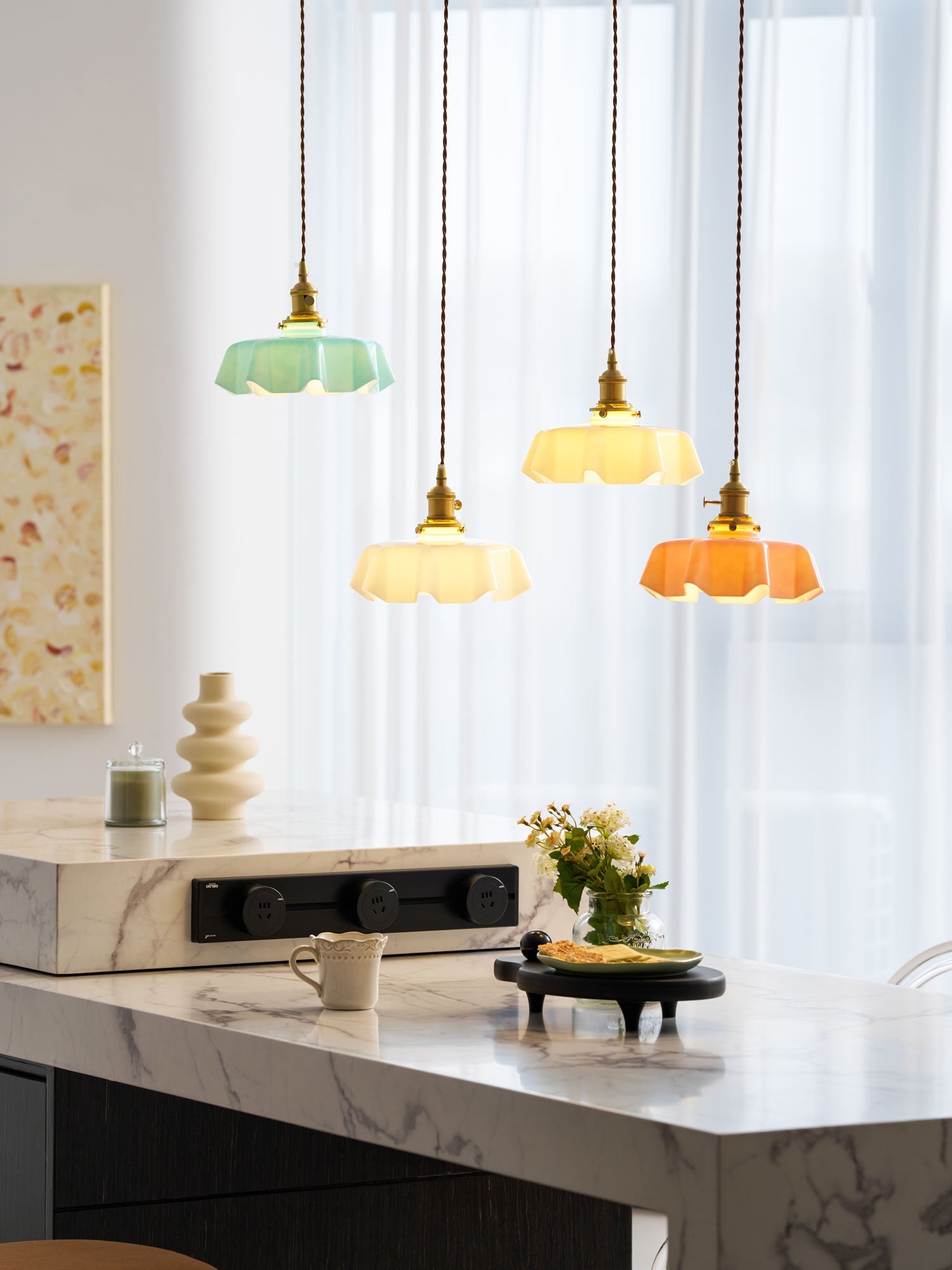Ceramic Pendant Light 9.8 in x 5.1 in Adjustable Ceiling Indoor White Beige Pink Blue Vintage Lampshade | Thomler