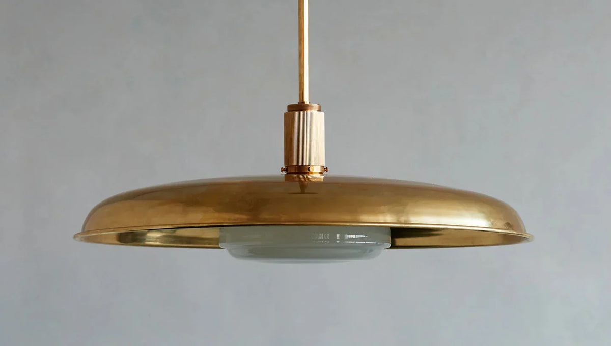 Hand-Spun Brass Pendant Light with Handblown Glass Shade in 5 Finishes – 16, 24 or 34 Inch Round Ceiling Light for Dining Room Kitchen | Thomler