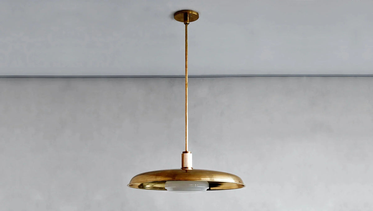 Hand-Spun Brass Pendant Light with Handblown Glass Shade in 5 Finishes – 16, 24 or 34 Inch Round Ceiling Light for Dining Room Kitchen | Thomler