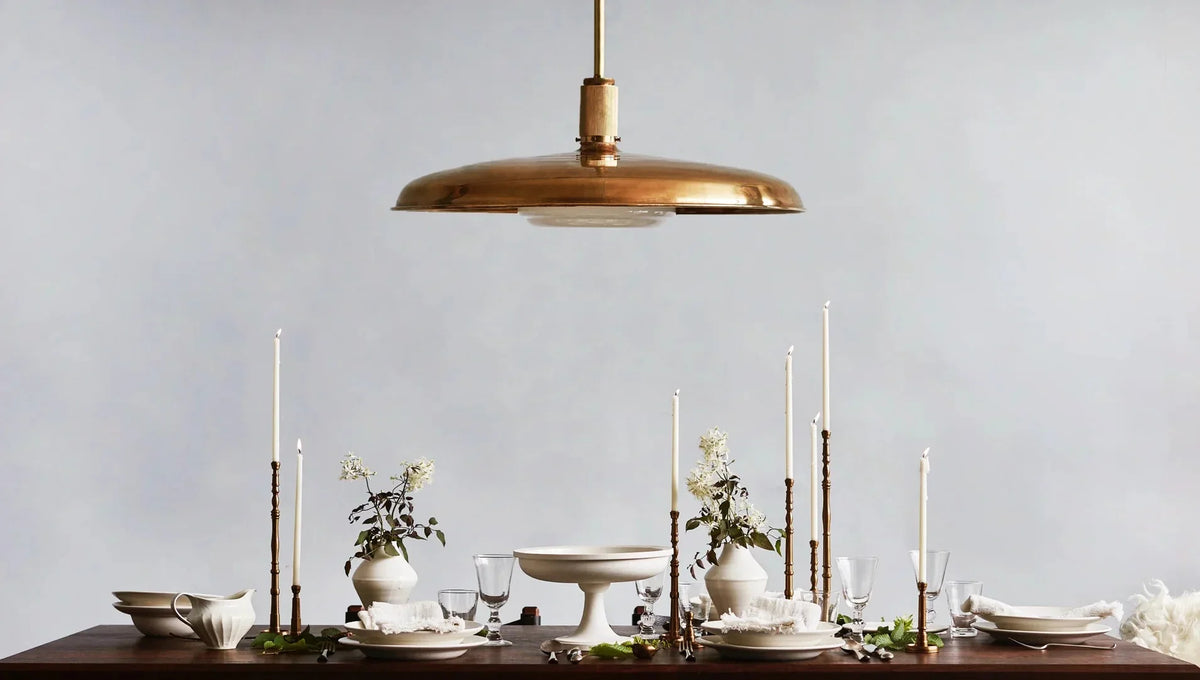 Hand-Spun Brass Pendant Light with Handblown Glass Shade in 5 Finishes – 16, 24 or 34 Inch Round Ceiling Light for Dining Room Kitchen | Thomler