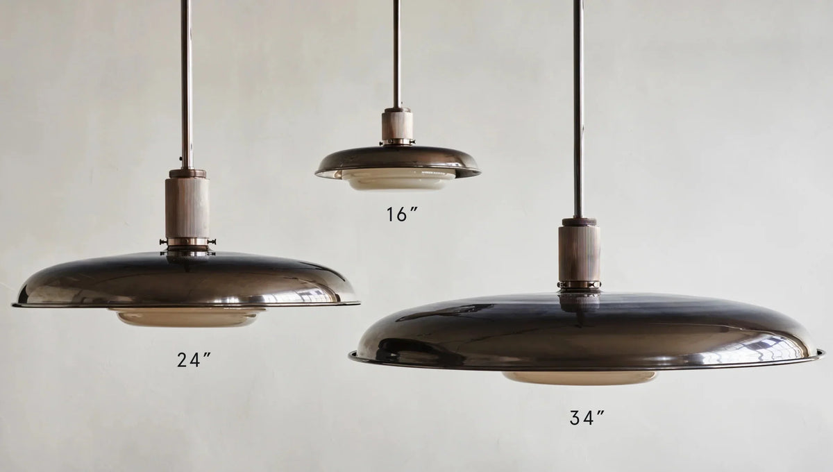 Hand-Spun Brass Pendant Light with Handblown Glass Shade in 5 Finishes – 16, 24 or 34 Inch Round Ceiling Light for Dining Room Kitchen | Thomler