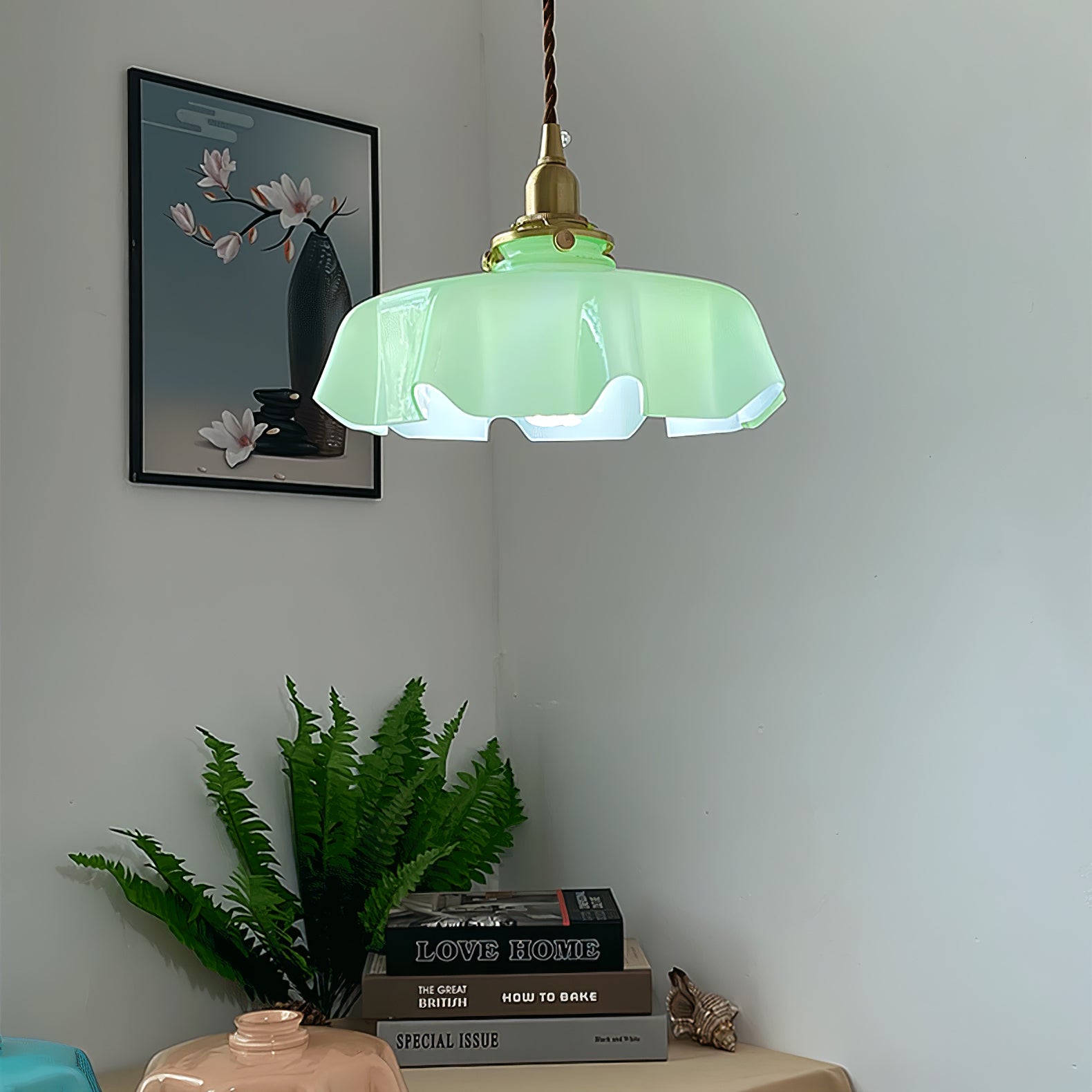 Ceramic Pendant Light 9.8 in x 5.1 in Adjustable Ceiling Indoor White Beige Pink Blue Vintage Lampshade | Thomler