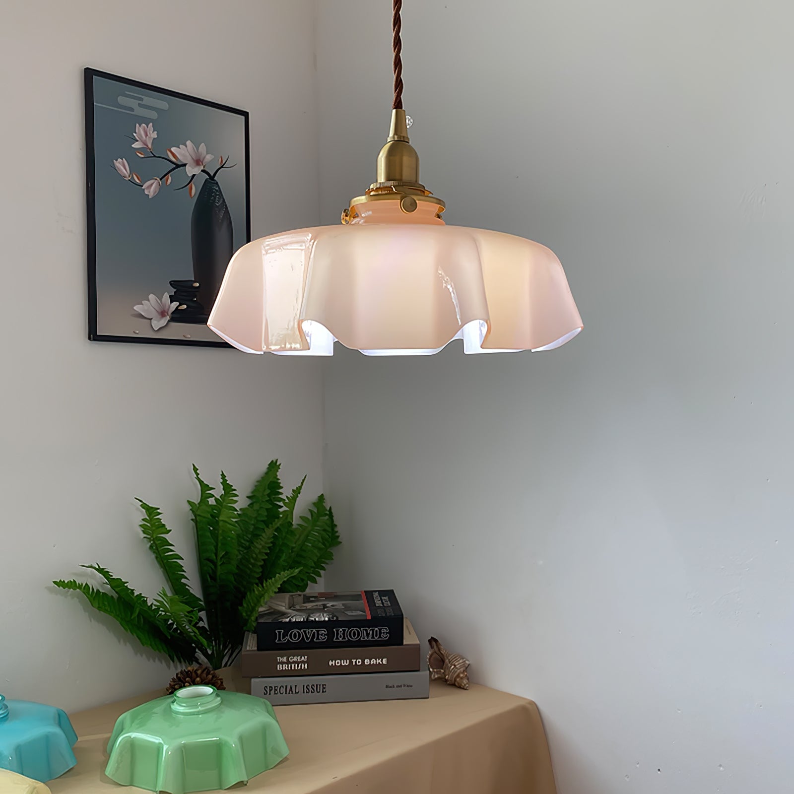 Ceramic Pendant Light 9.8 in x 5.1 in Adjustable Ceiling Indoor White Beige Pink Blue Vintage Lampshade | Thomler