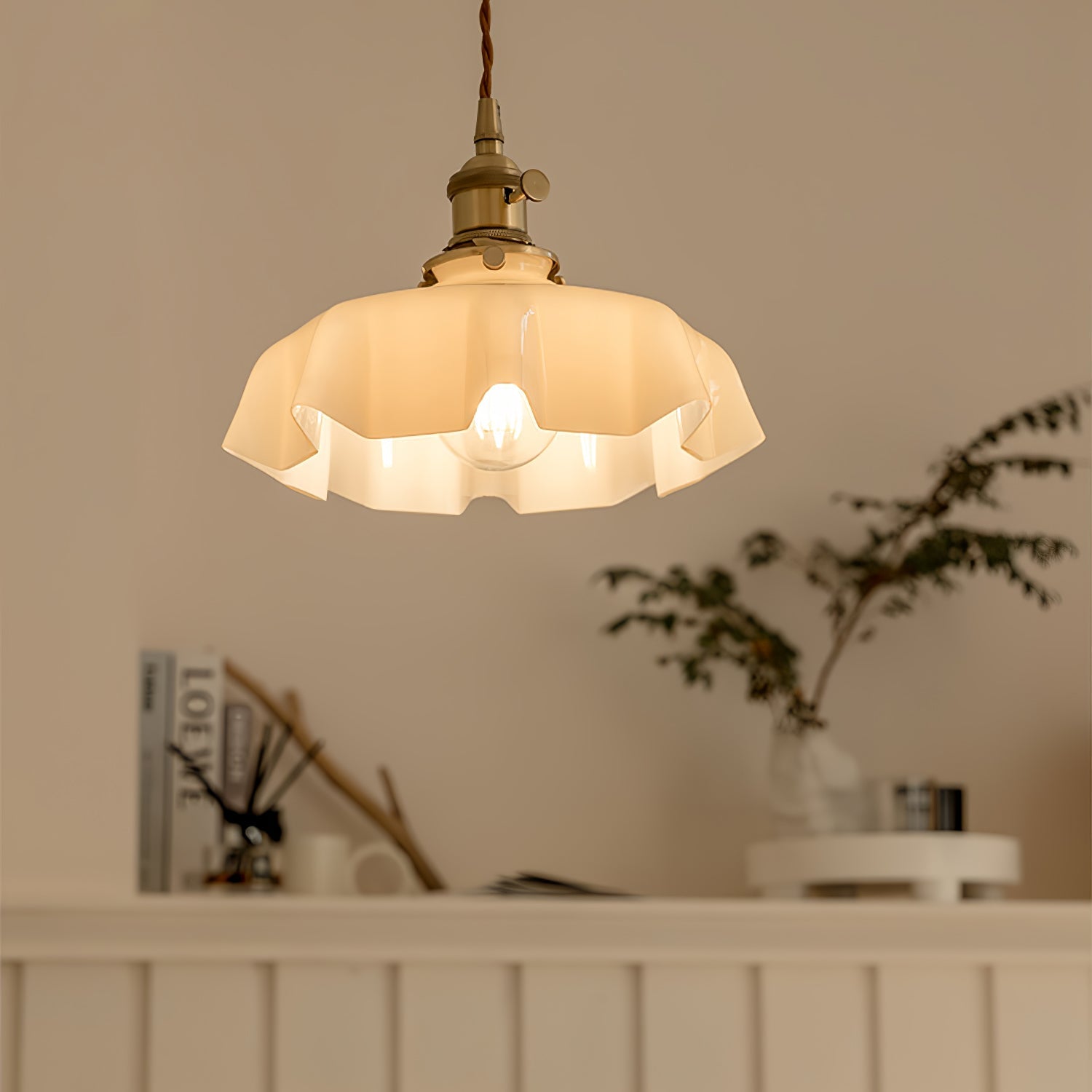 Ceramic Pendant Light 9.8 in x 5.1 in Adjustable Ceiling Indoor White Beige Pink Blue Vintage Lampshade | Thomler