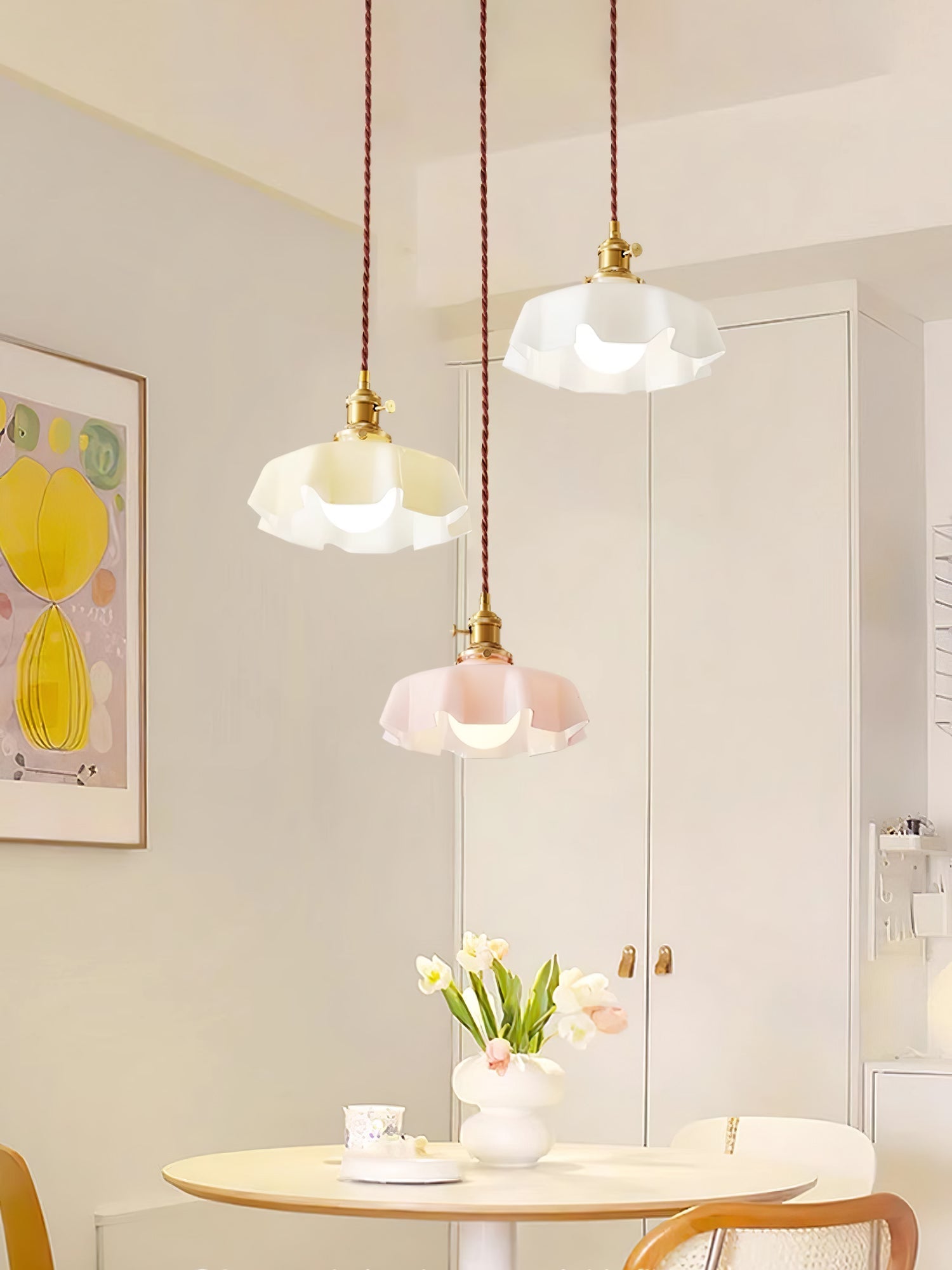 Ceramic Pendant Light 9.8 in x 5.1 in Adjustable Ceiling Indoor White Beige Pink Blue Vintage Lampshade | Thomler