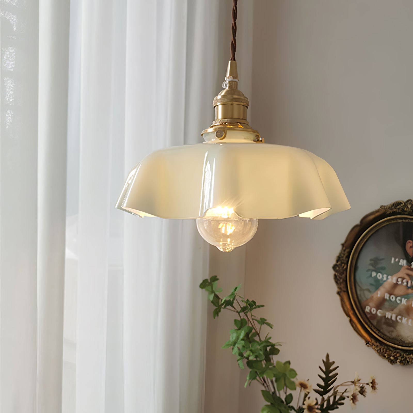 Ceramic Pendant Light 9.8 in x 5.1 in Adjustable Ceiling Indoor White Beige Pink Blue Vintage Lampshade | Thomler