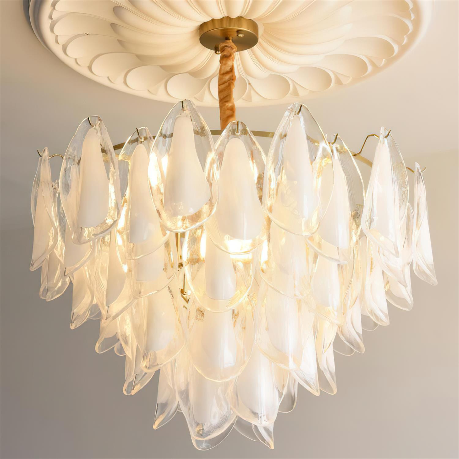 Chandelier Glass Petal 19.6 in Gold Ceiling Light Dining Room Hanging Fixture Artistic Multi Tier Lighting | Thomler