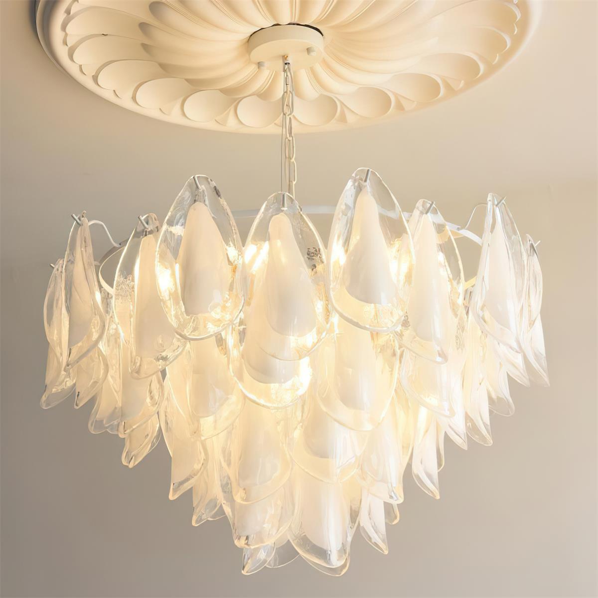 Chandelier Glass Petal 19.6 in Gold Ceiling Light Dining Room Hanging Fixture Artistic Multi Tier Lighting | Thomler