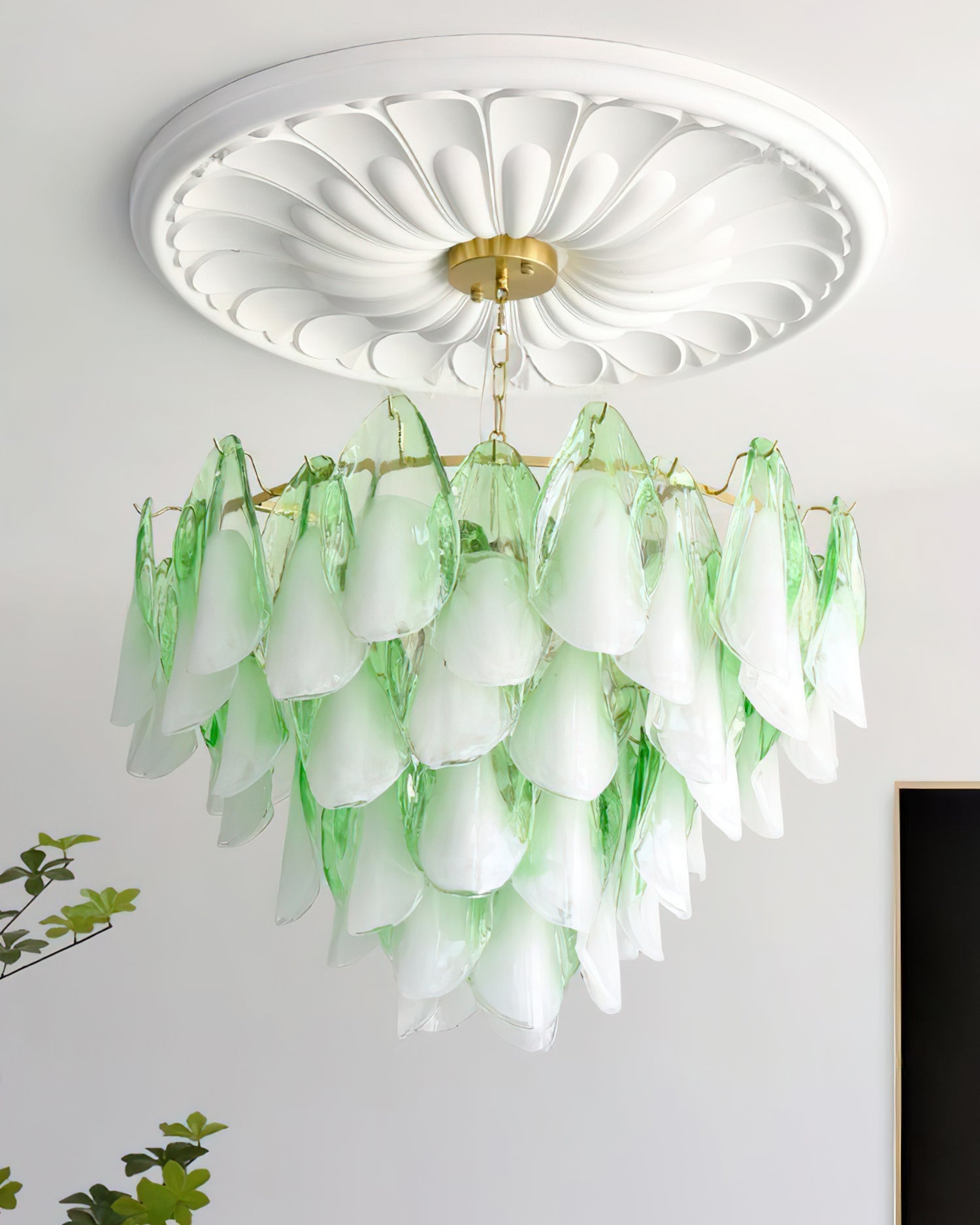 Chandelier Glass Petal 19.6 in Gold Ceiling Light Dining Room Hanging Fixture Artistic Multi Tier Lighting | Thomler