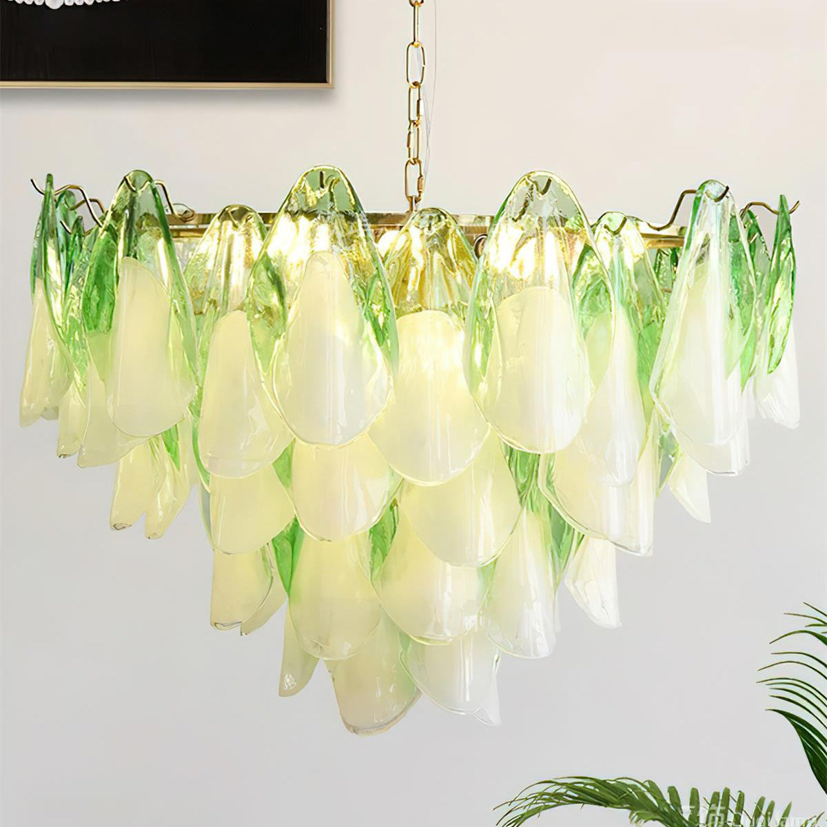 Chandelier Glass Petal 19.6 in Gold Ceiling Light Dining Room Hanging Fixture Artistic Multi Tier Lighting | Thomler